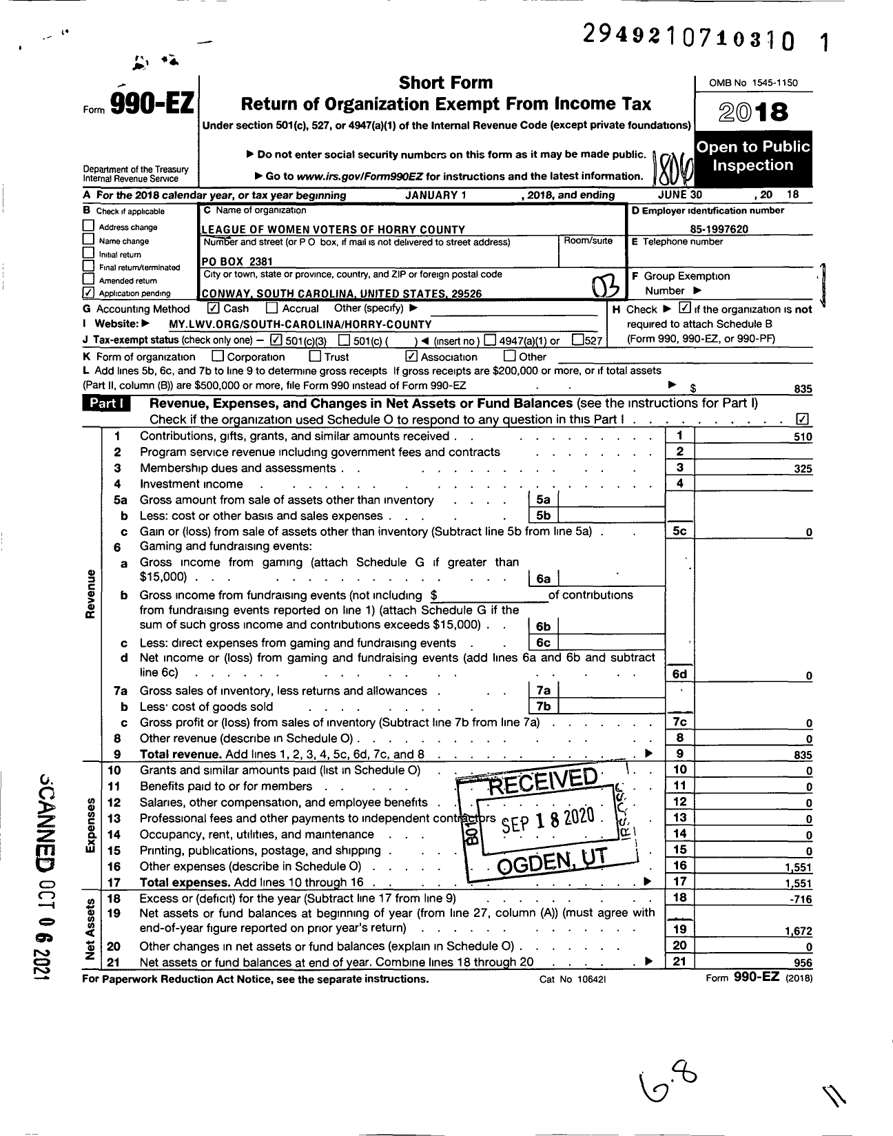 Image of first page of 2017 Form 990EZ for LWV of Horry County