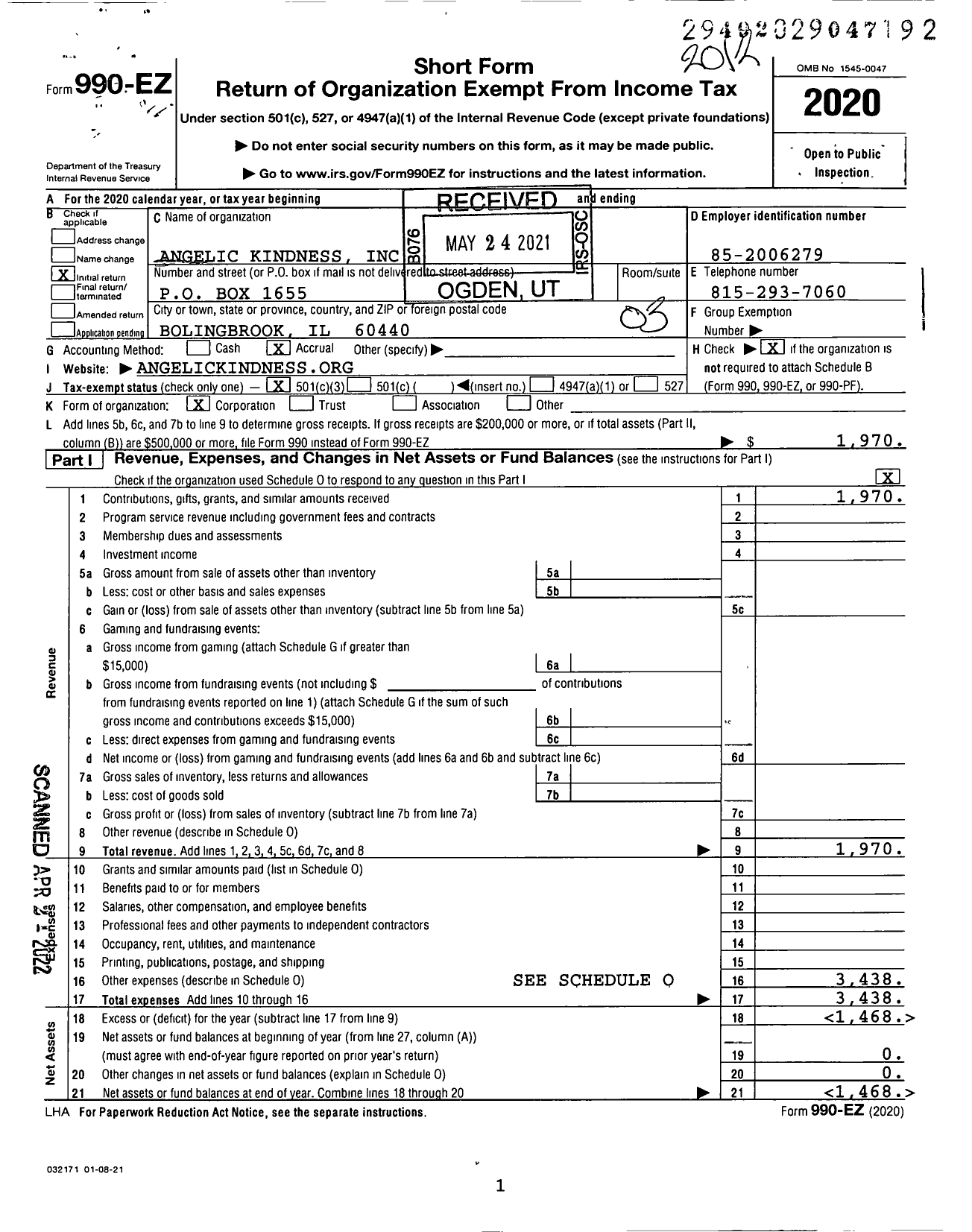 Image of first page of 2020 Form 990EZ for Angelic Kindness