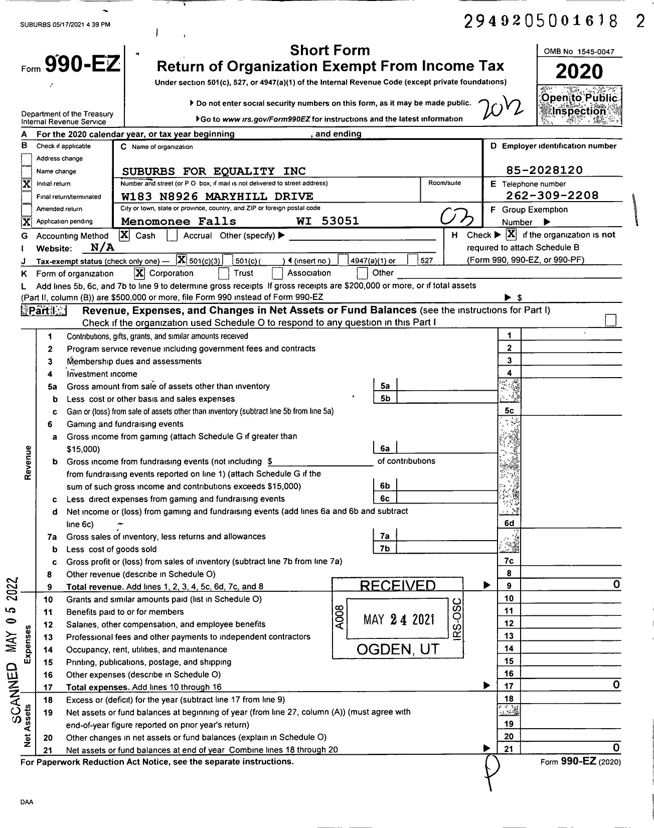 Image of first page of 2020 Form 990EZ for Suburbs for Equality