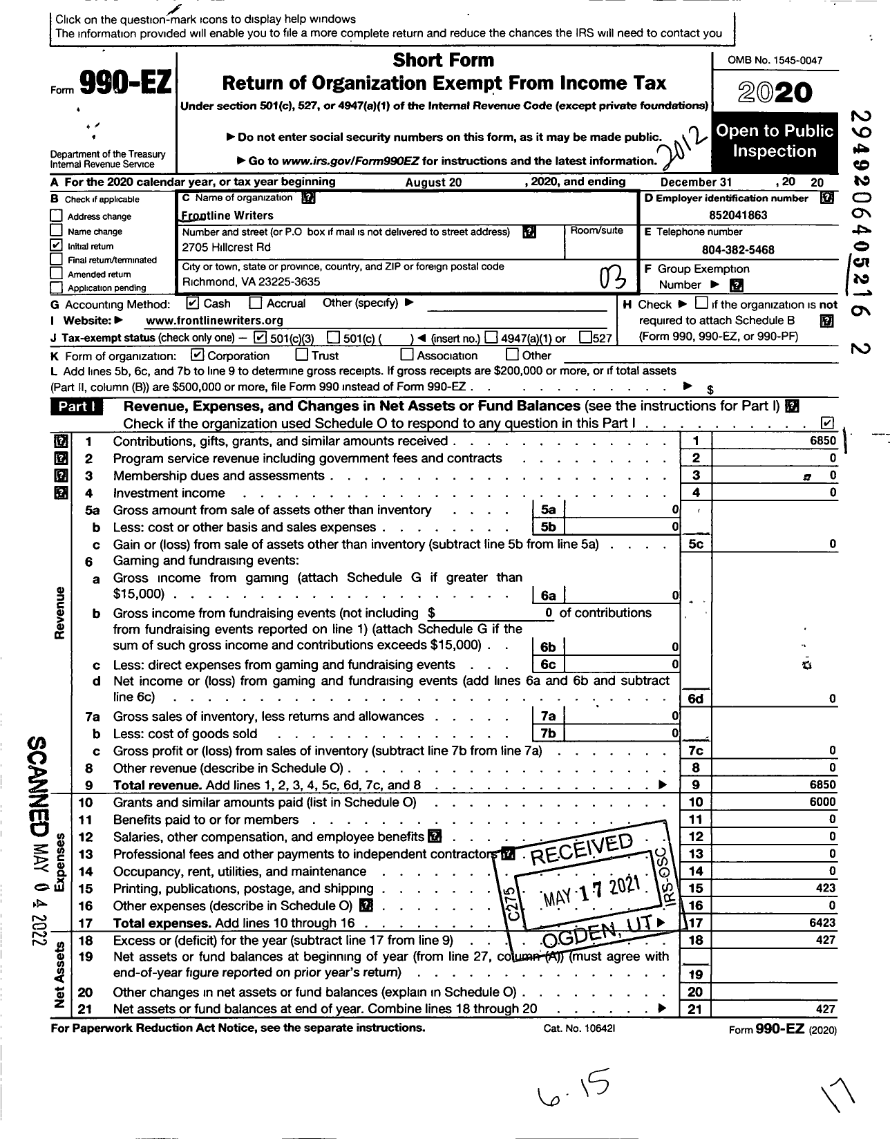 Image of first page of 2020 Form 990EZ for Frontline Writers