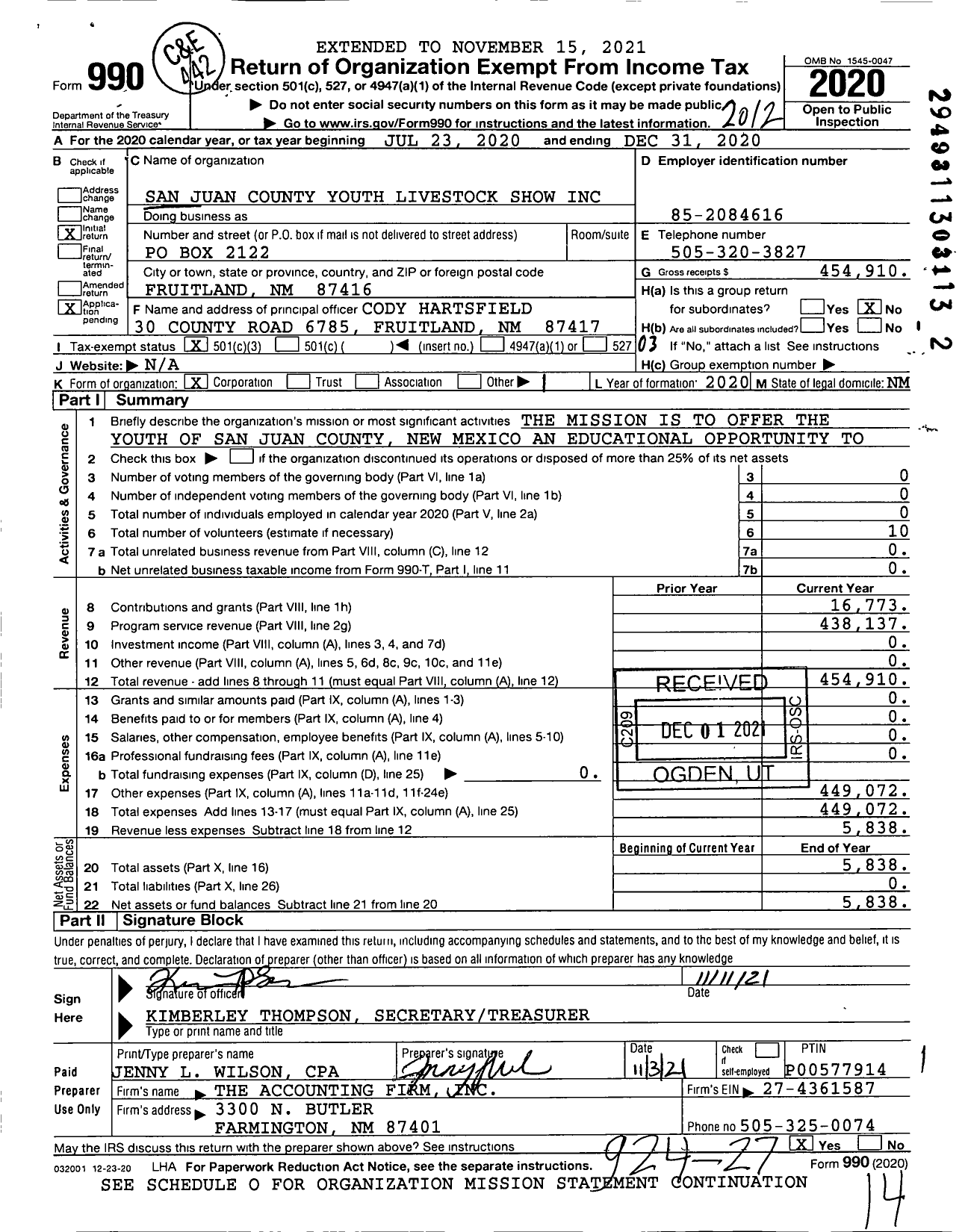 Image of first page of 2020 Form 990 for San Juan County Youth Livestock Show