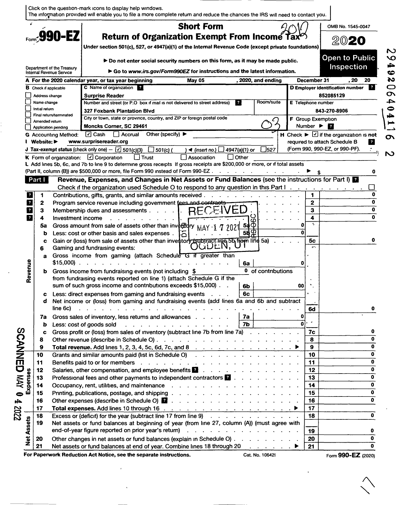 Image of first page of 2020 Form 990EZ for Surprise Reader