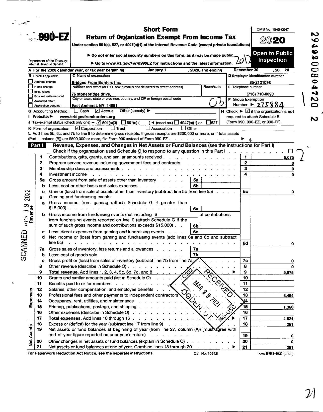 Image of first page of 2020 Form 990EZ for Bridges From Borders
