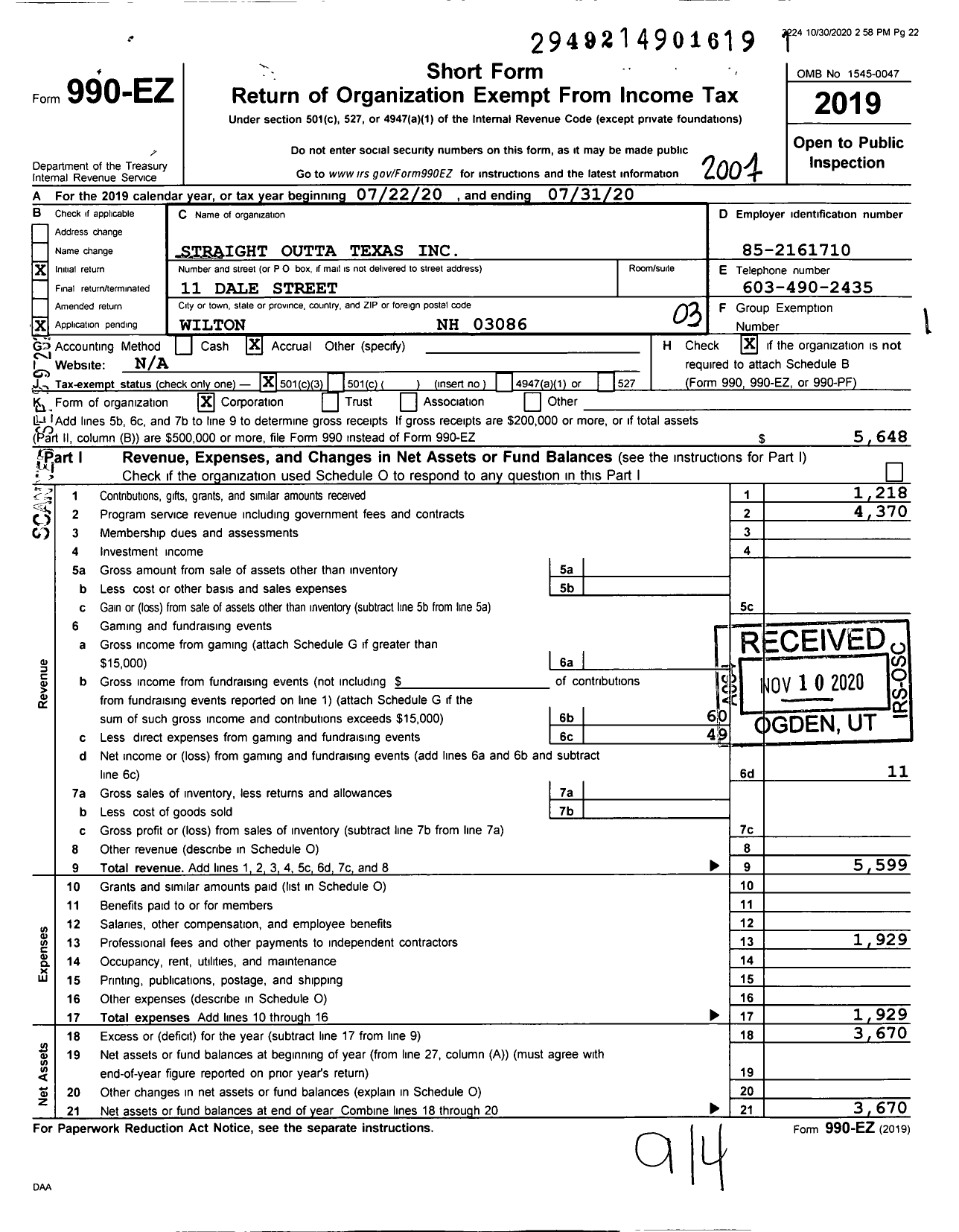 Image of first page of 2019 Form 990EZ for Straight Outta Texas