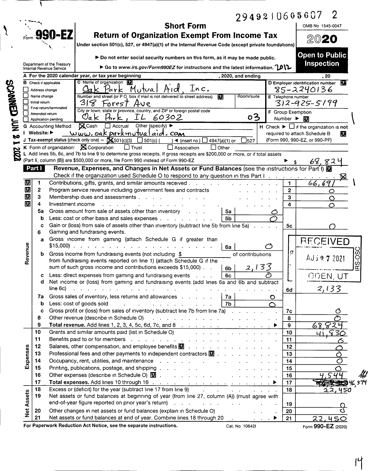 Image of first page of 2020 Form 990EZ for Oak Park Mutual Aid