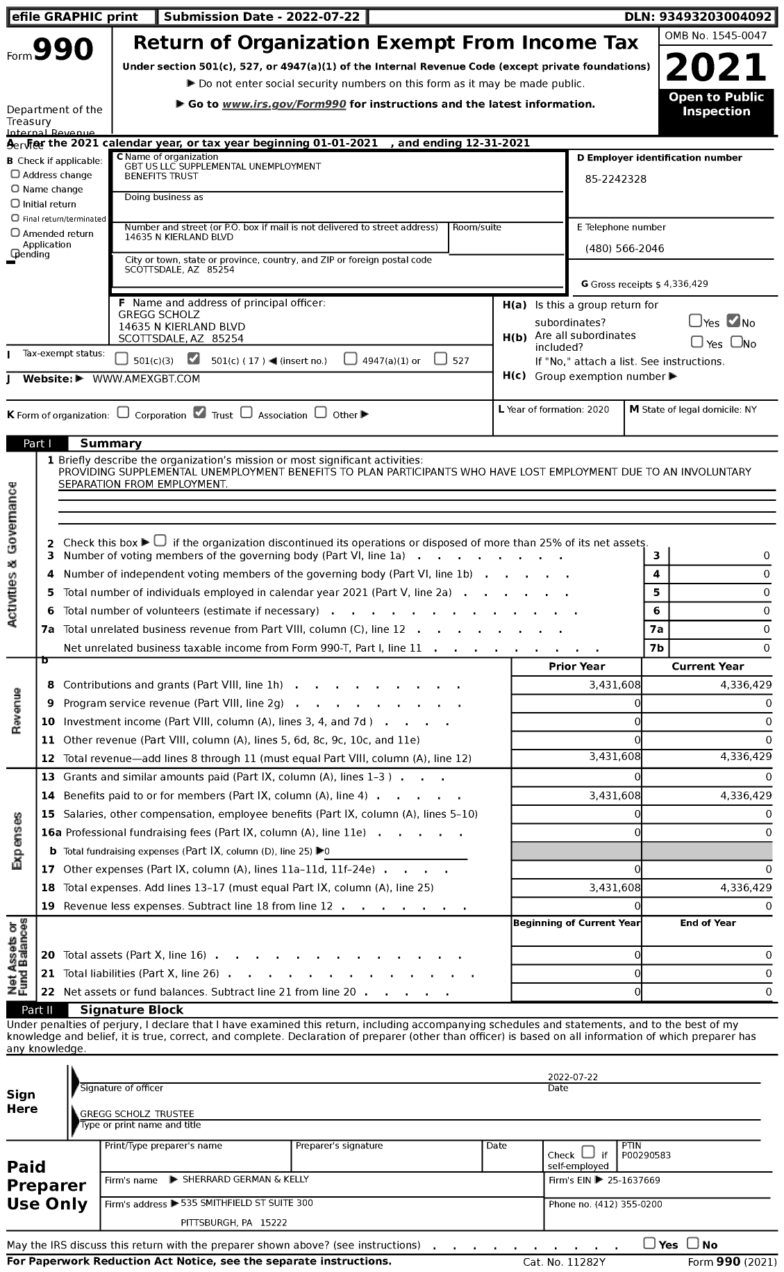 Image of first page of 2021 Form 990 for GBT Us LLC Supplemental Unemployment Benefits Trust