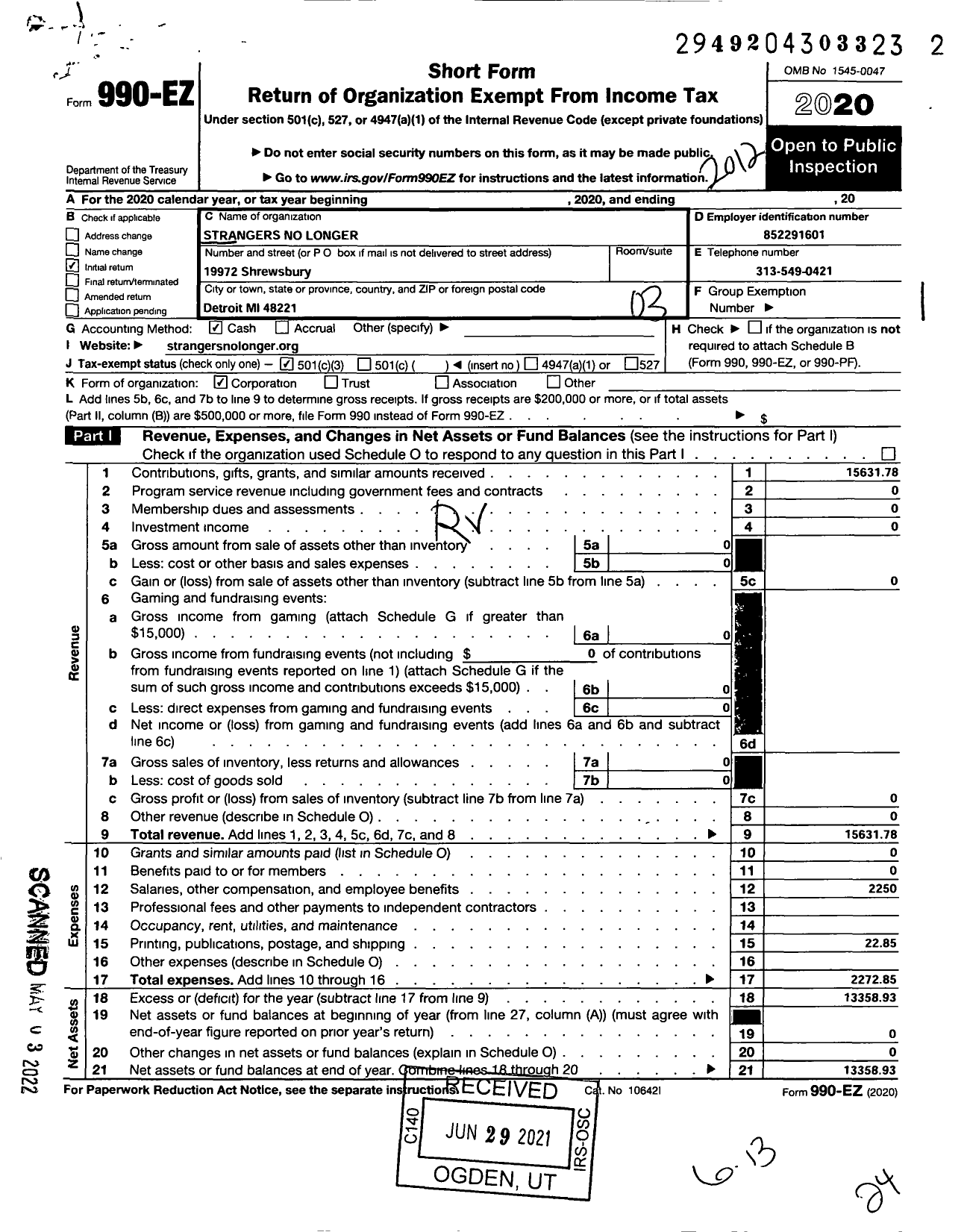 Image of first page of 2020 Form 990EZ for Strangers No Longer