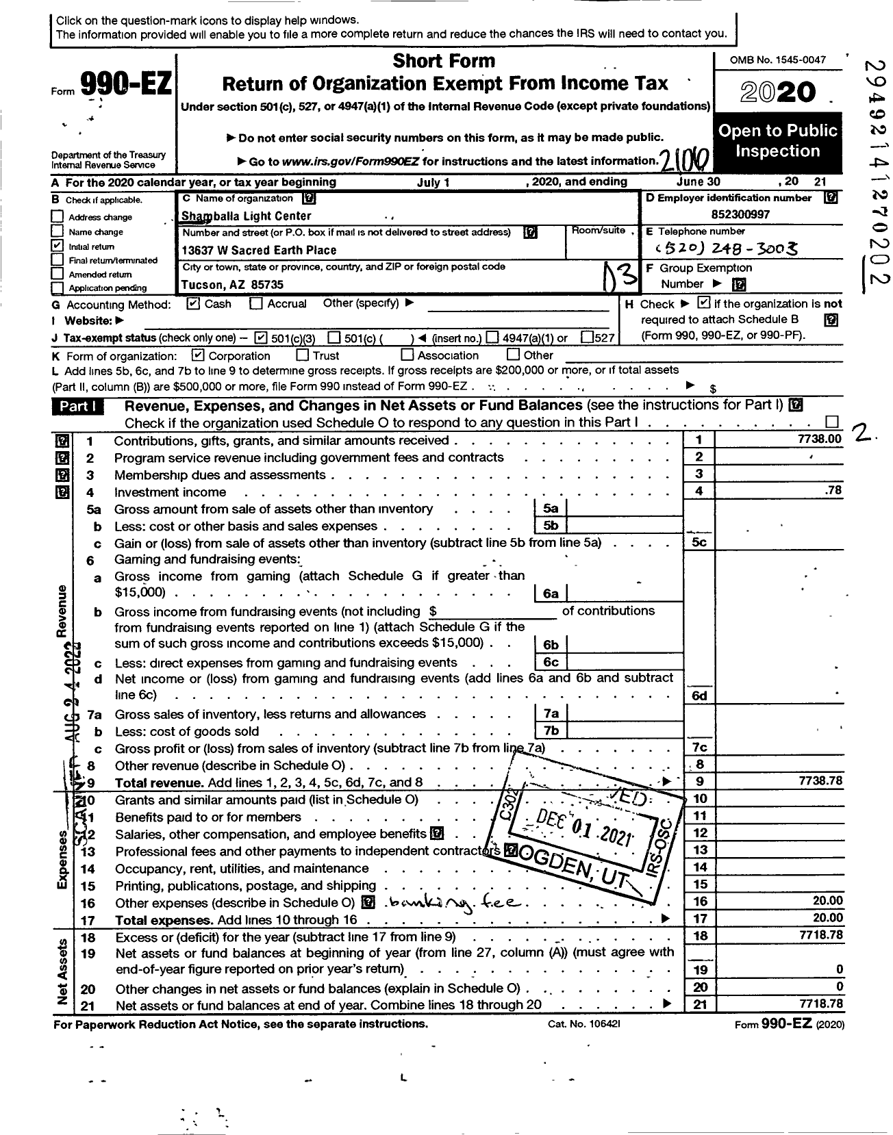 Image of first page of 2020 Form 990EZ for Shamballa Light Center