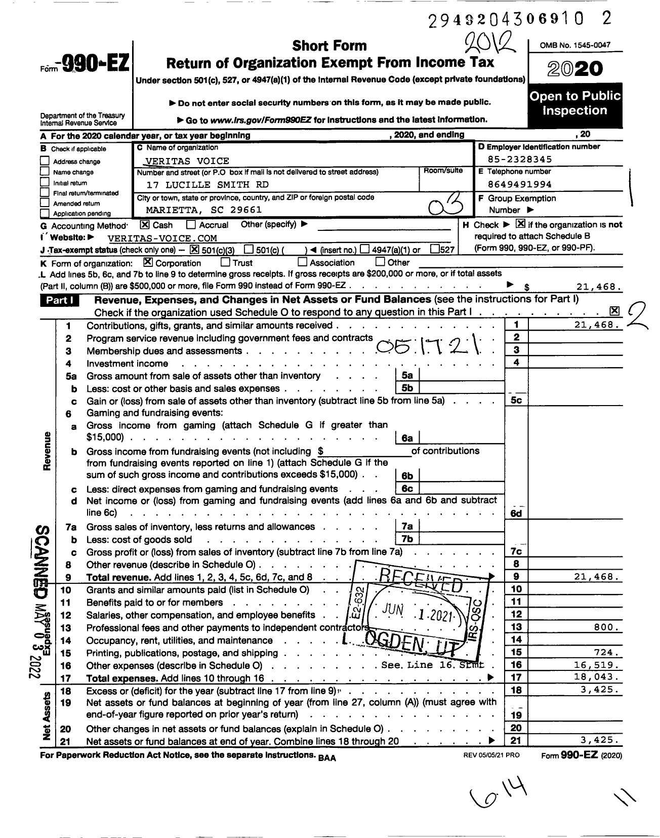 Image of first page of 2020 Form 990EZ for Veritas Voice