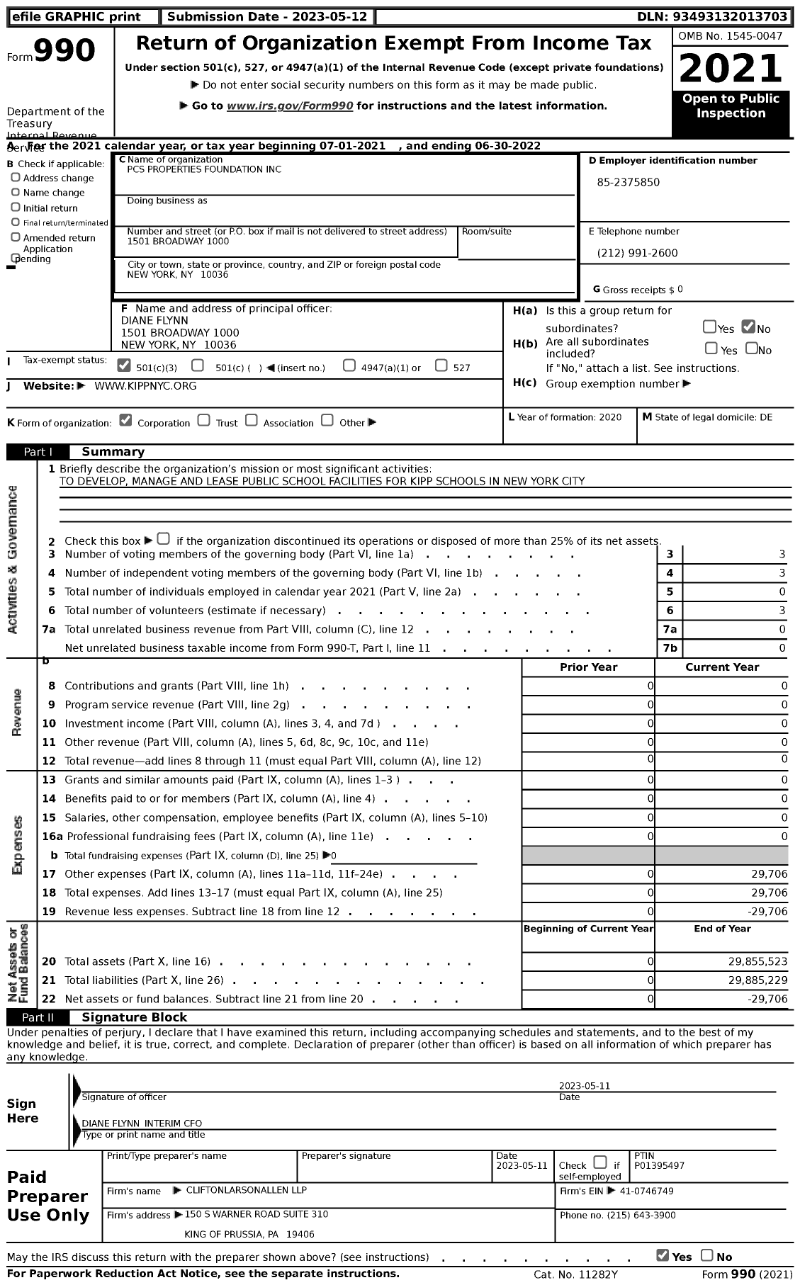 Image of first page of 2021 Form 990 for PCS Properties Foundation