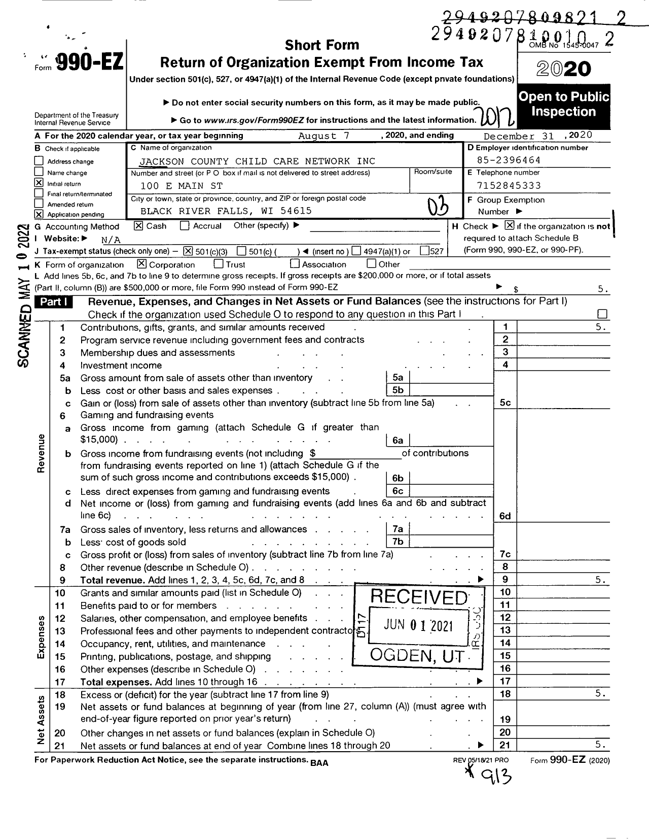 Image of first page of 2020 Form 990EZ for Jackson County Child Care Network