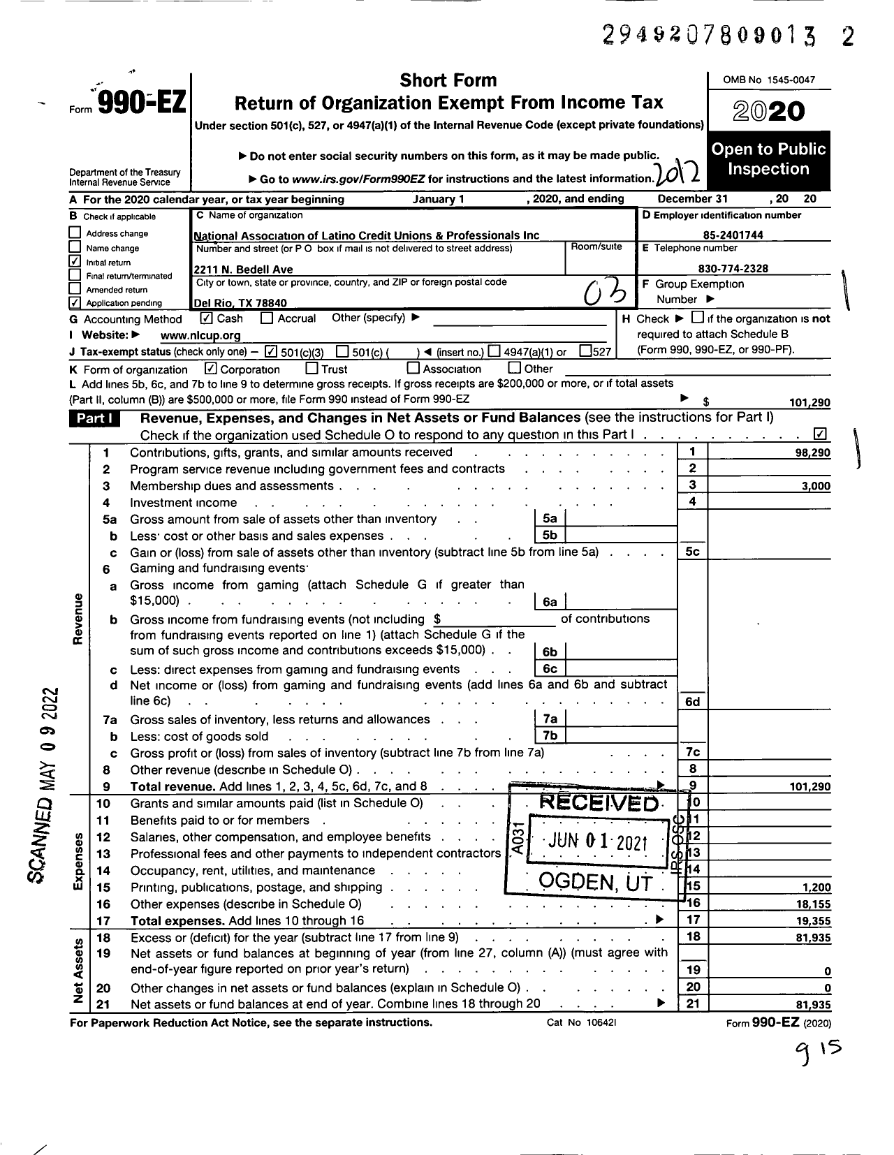 Image of first page of 2020 Form 990EZ for National Association of Latino Credit Unions and Professionals