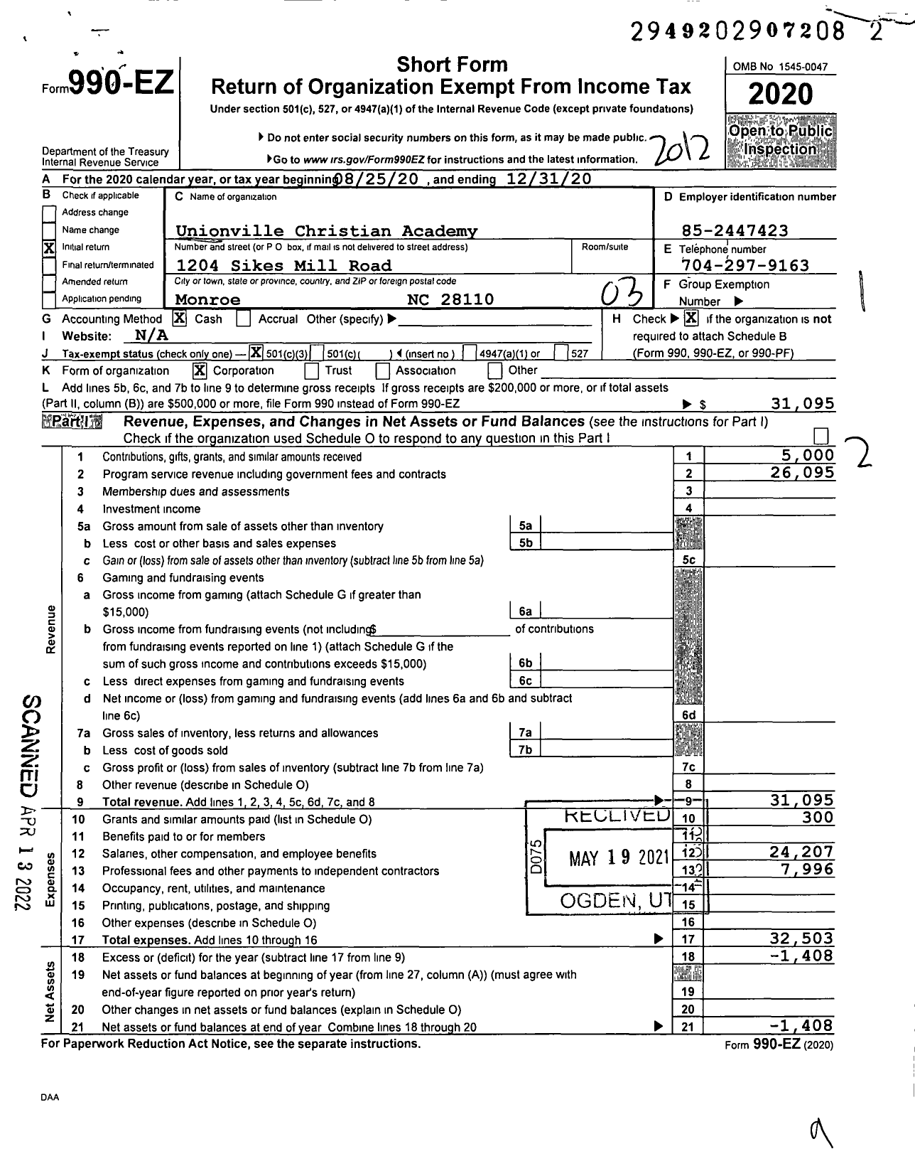 Image of first page of 2020 Form 990EZ for Unionville Christian Academy