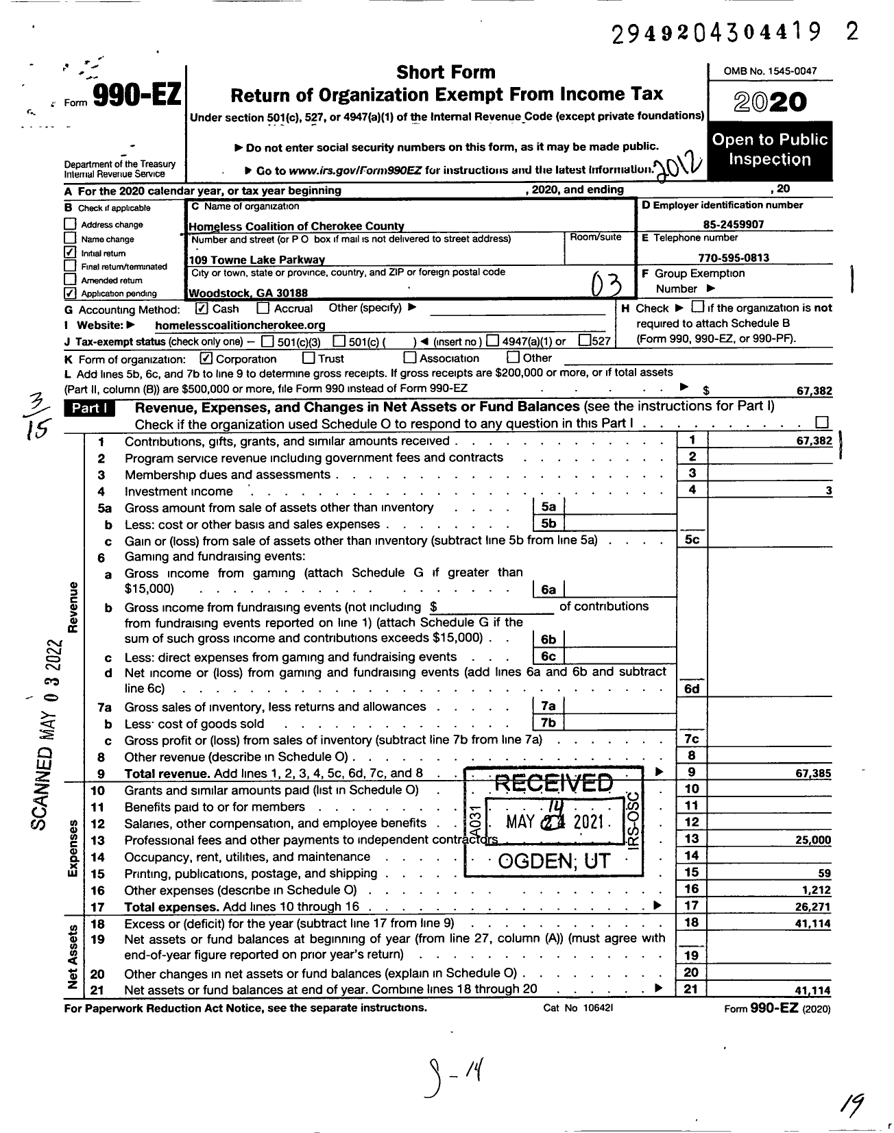 Image of first page of 2020 Form 990EZ for Homeless Coalition of Cherokee County