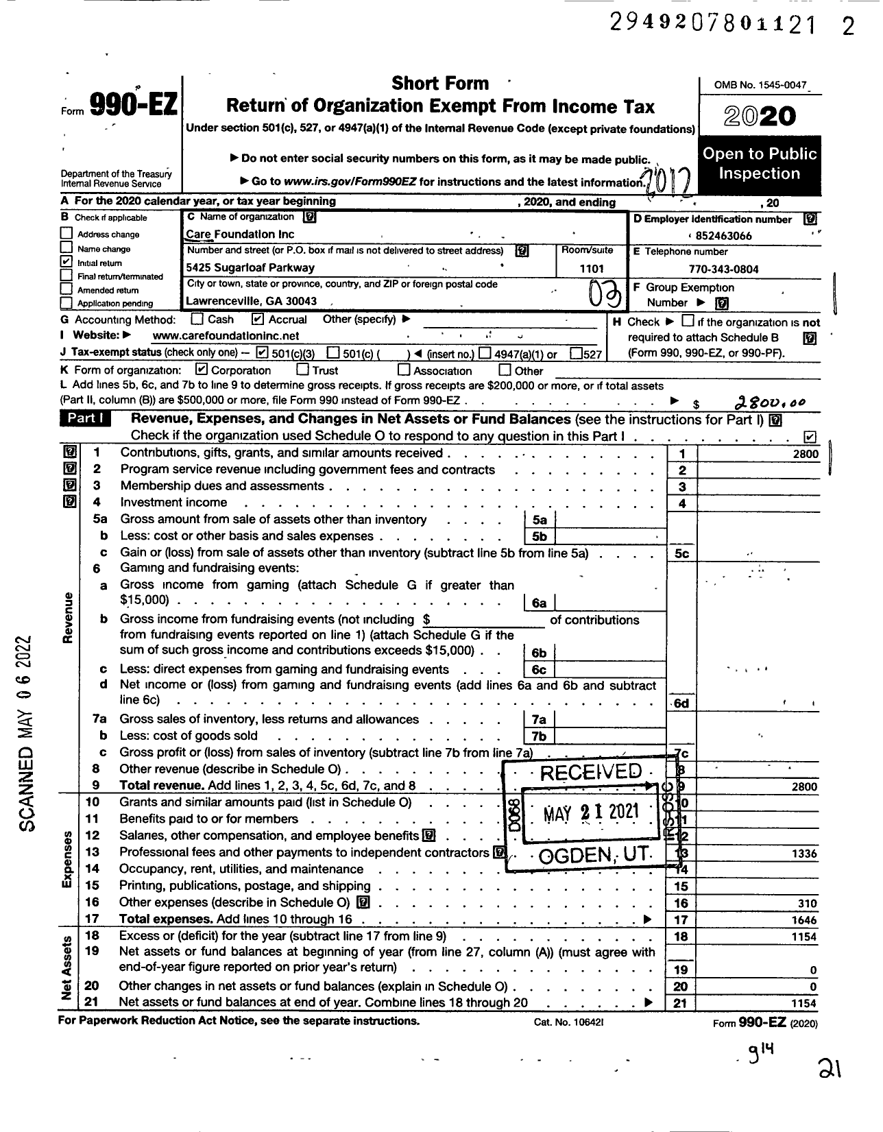 Image of first page of 2020 Form 990EZ for Care Foundation