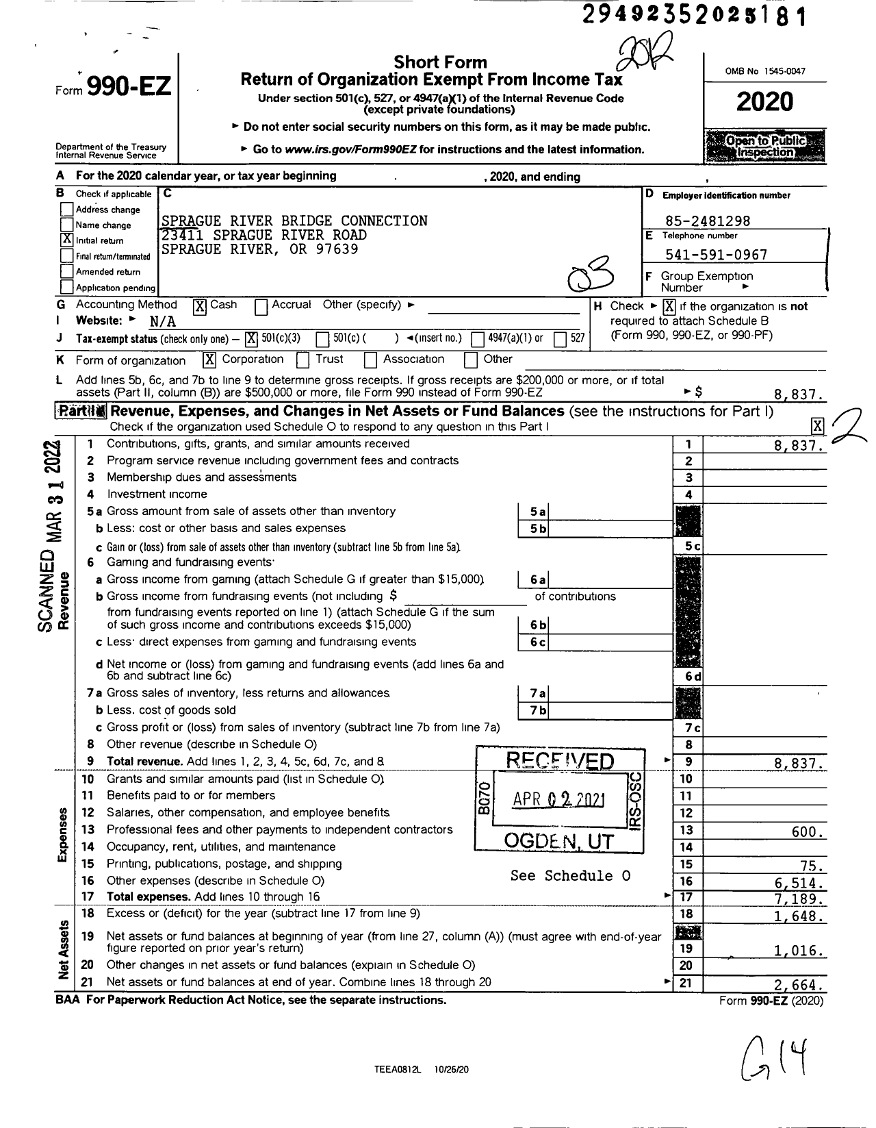 Image of first page of 2020 Form 990EZ for Sprague River Bridge Connection