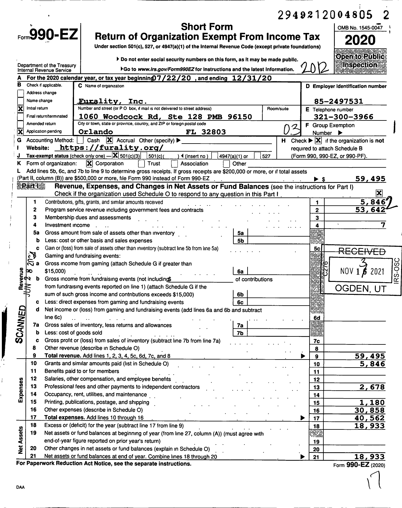 Image of first page of 2020 Form 990EZ for Furality