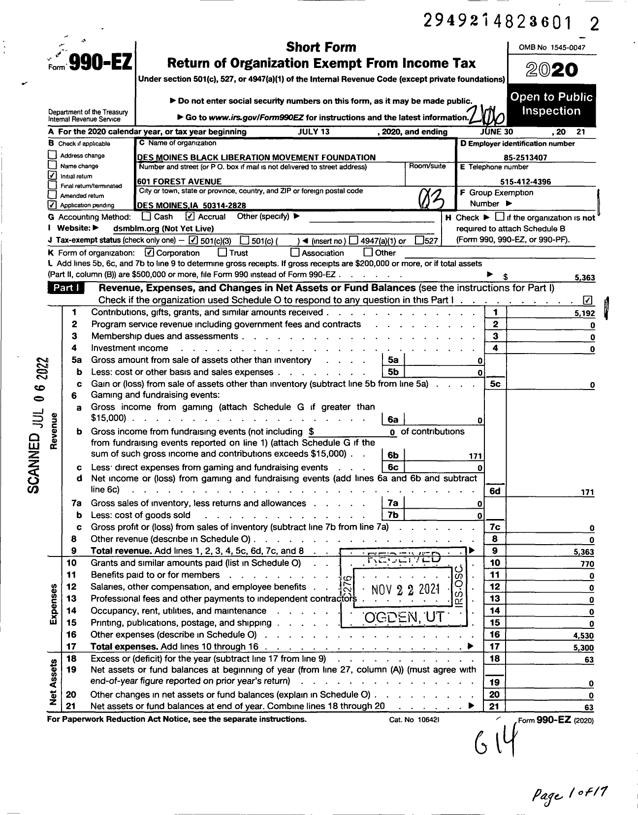 Image of first page of 2020 Form 990EZ for DSM BLM Foundation