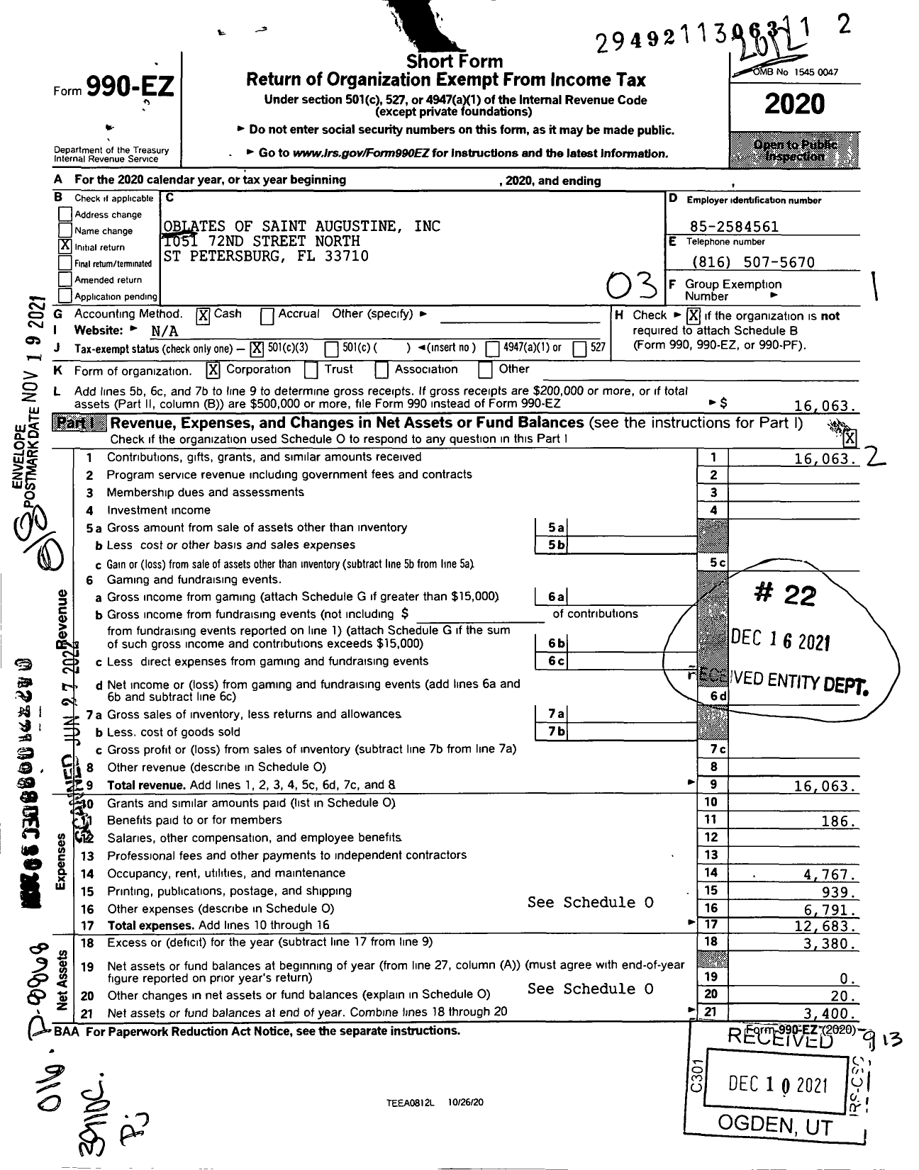 Image of first page of 2020 Form 990EZ for Oblates of Saint Augustine