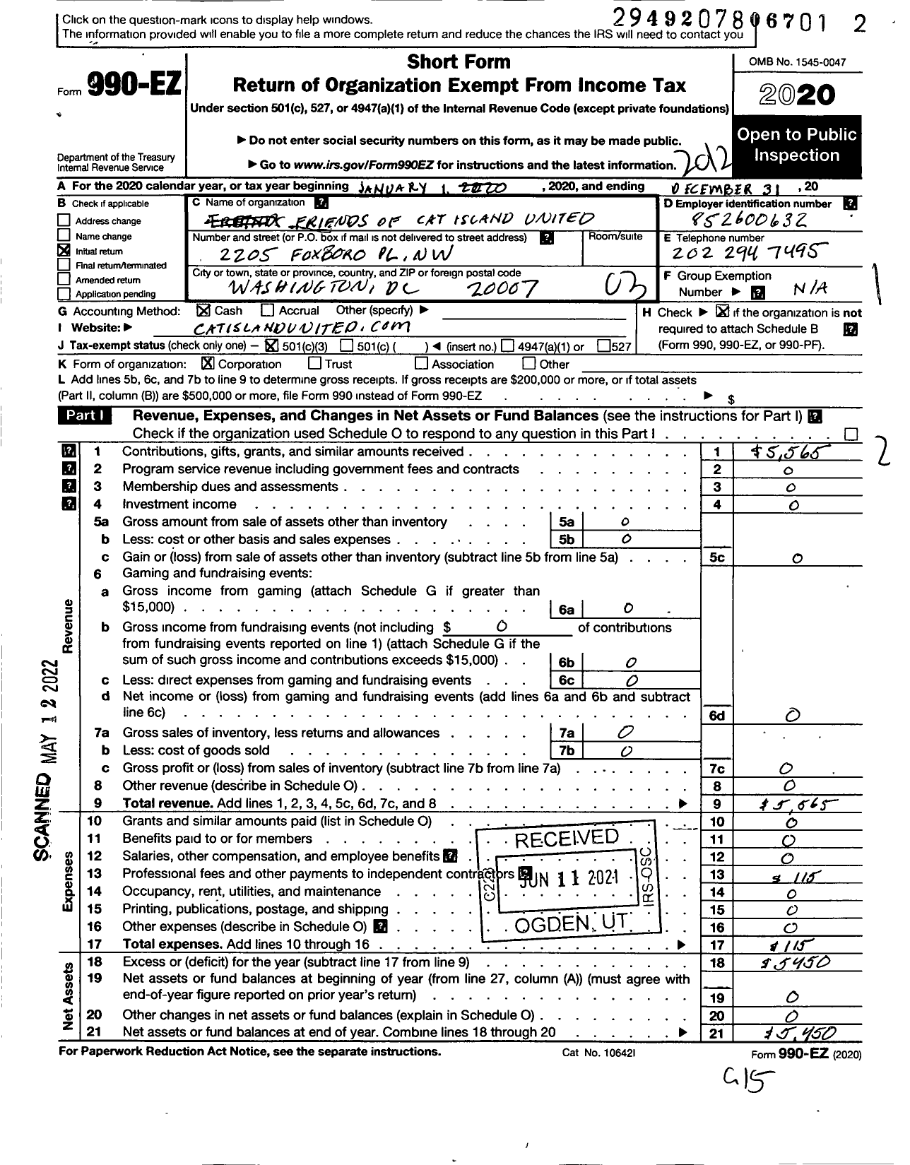 Image of first page of 2020 Form 990EZ for Friends of Cat Island United