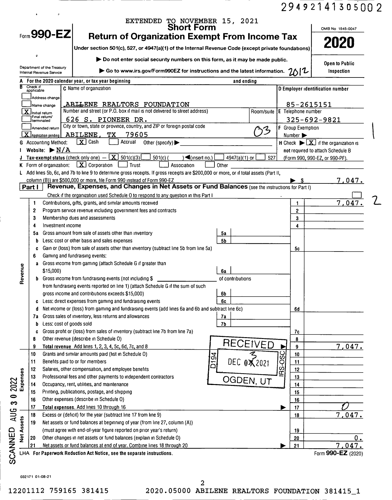 Image of first page of 2020 Form 990EZ for Abilene Realtors Foundation