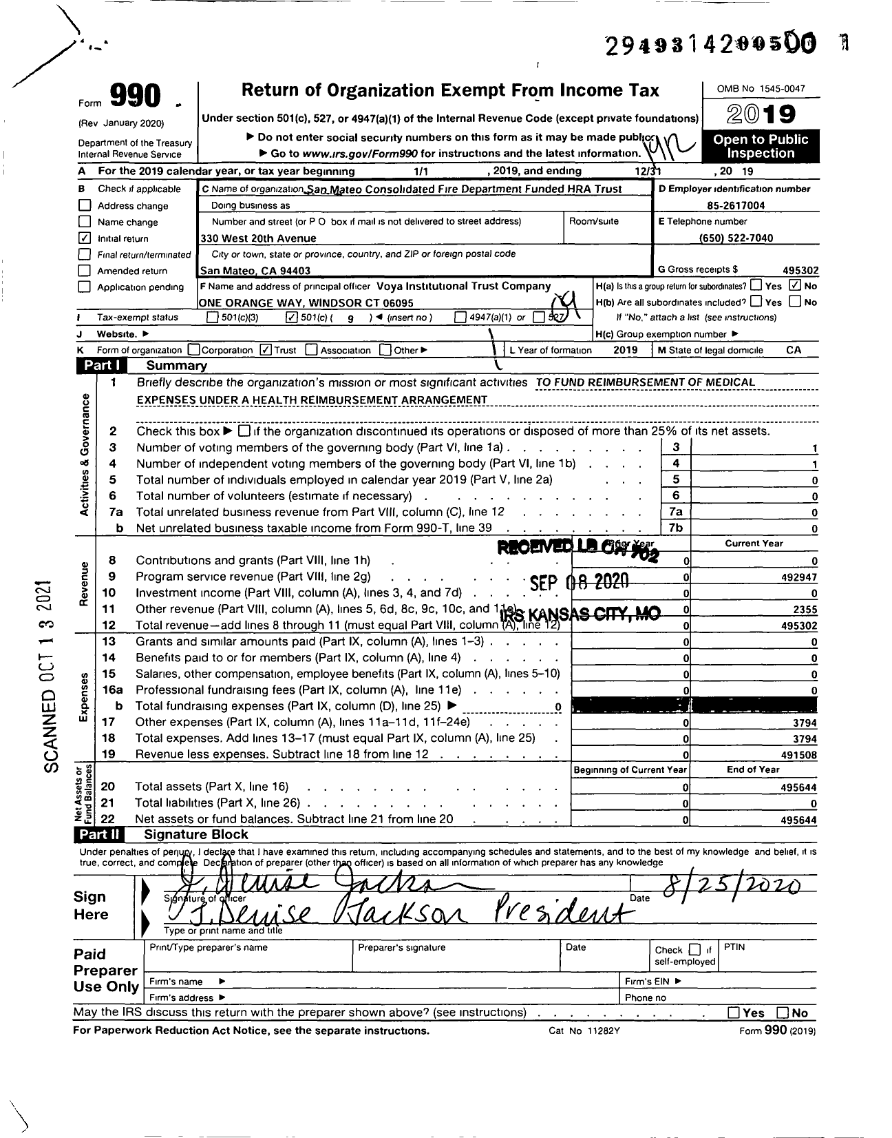 Image of first page of 2019 Form 990O for San Mateo Consolidated Fire Department Funded Hra Trust