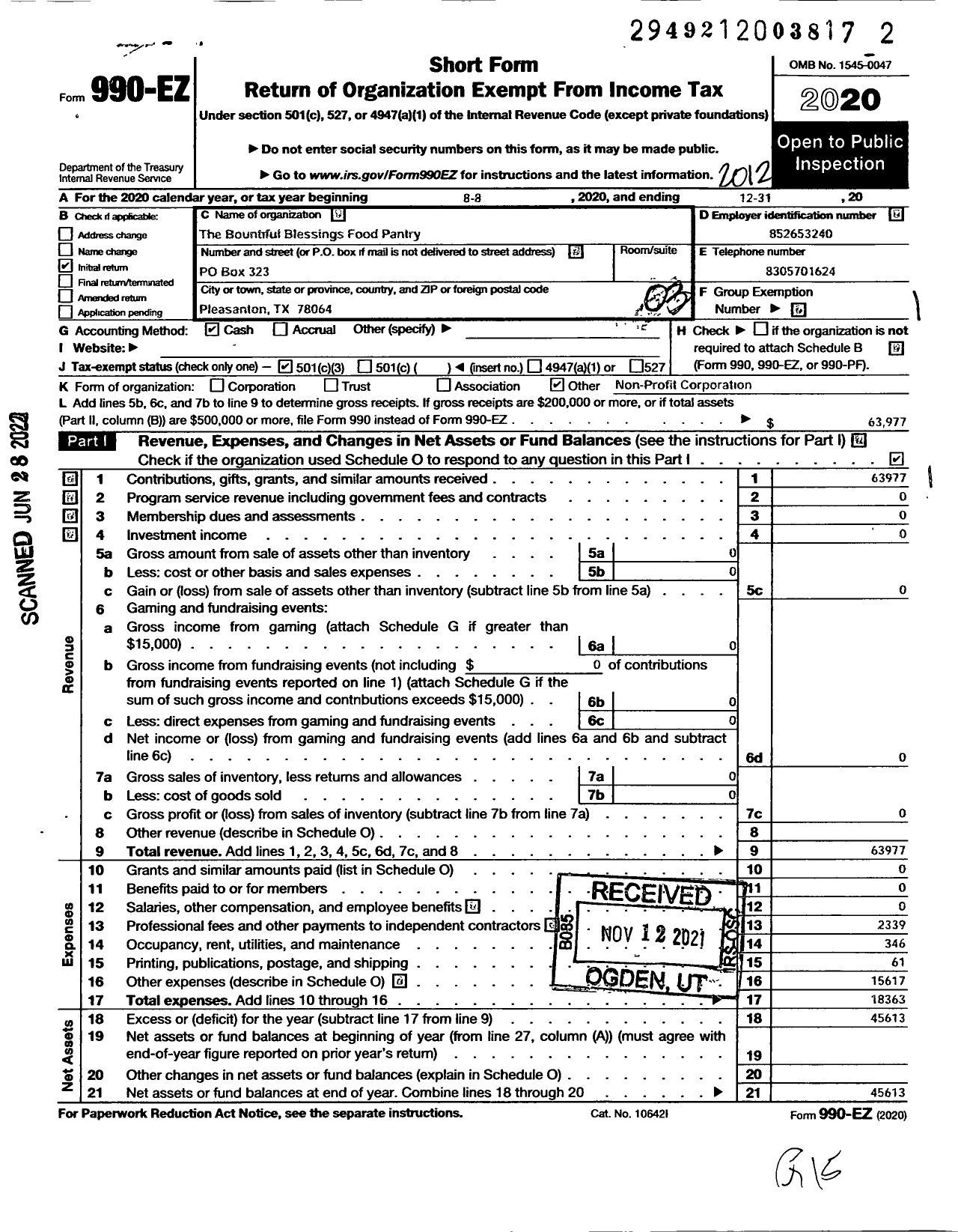 Image of first page of 2020 Form 990EZ for Bountiful Blessings Food Bank