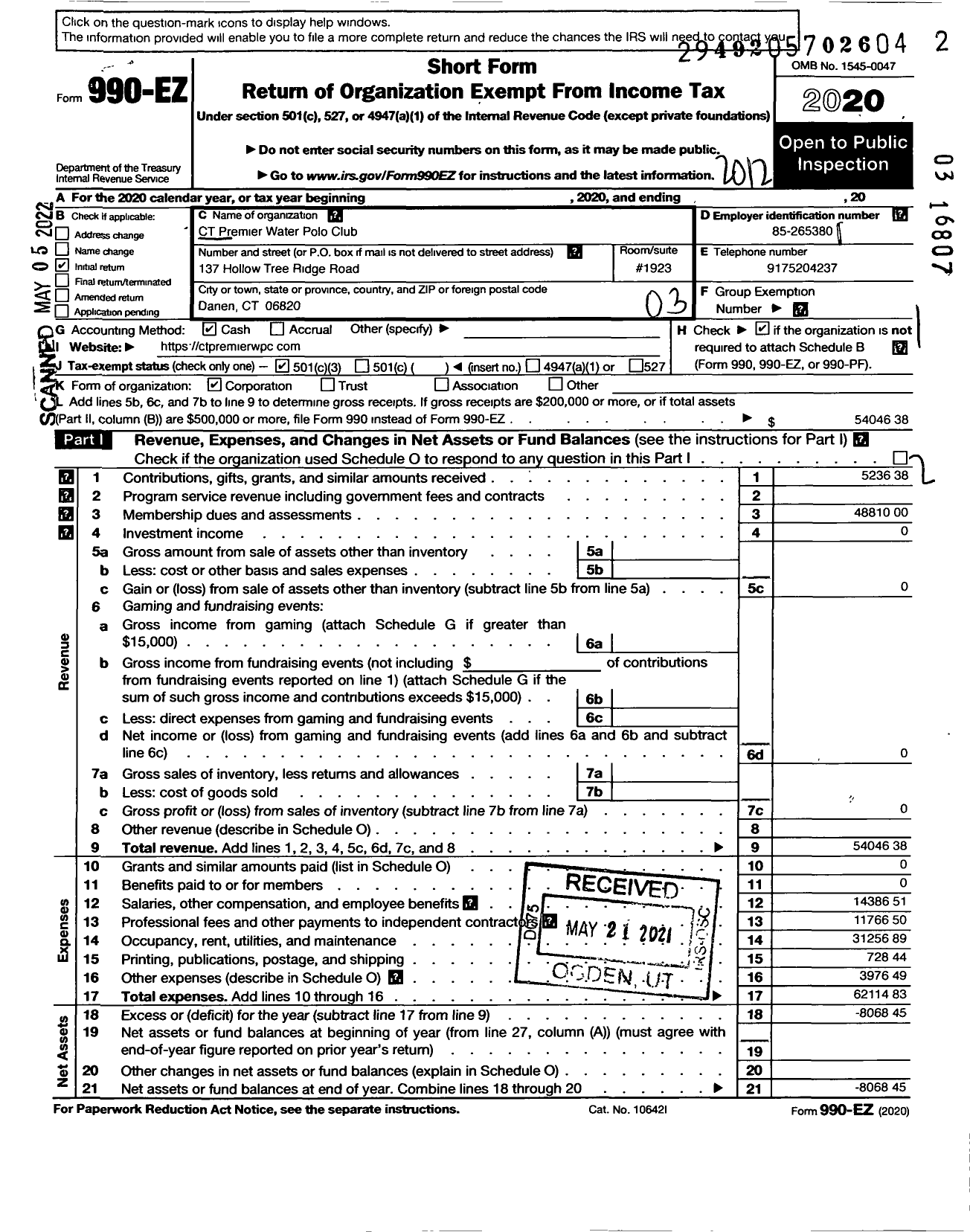 Image of first page of 2020 Form 990EZ for CT Premier Water Polo Club