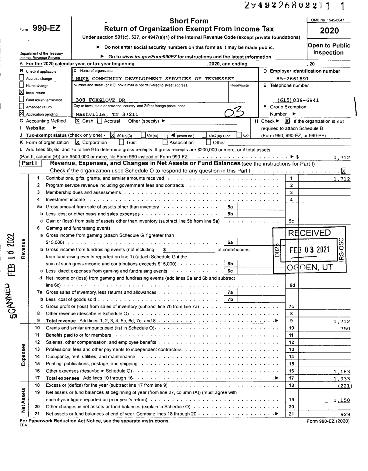 Image of first page of 2020 Form 990EZ for Nuer Community Development Services of Tennessee