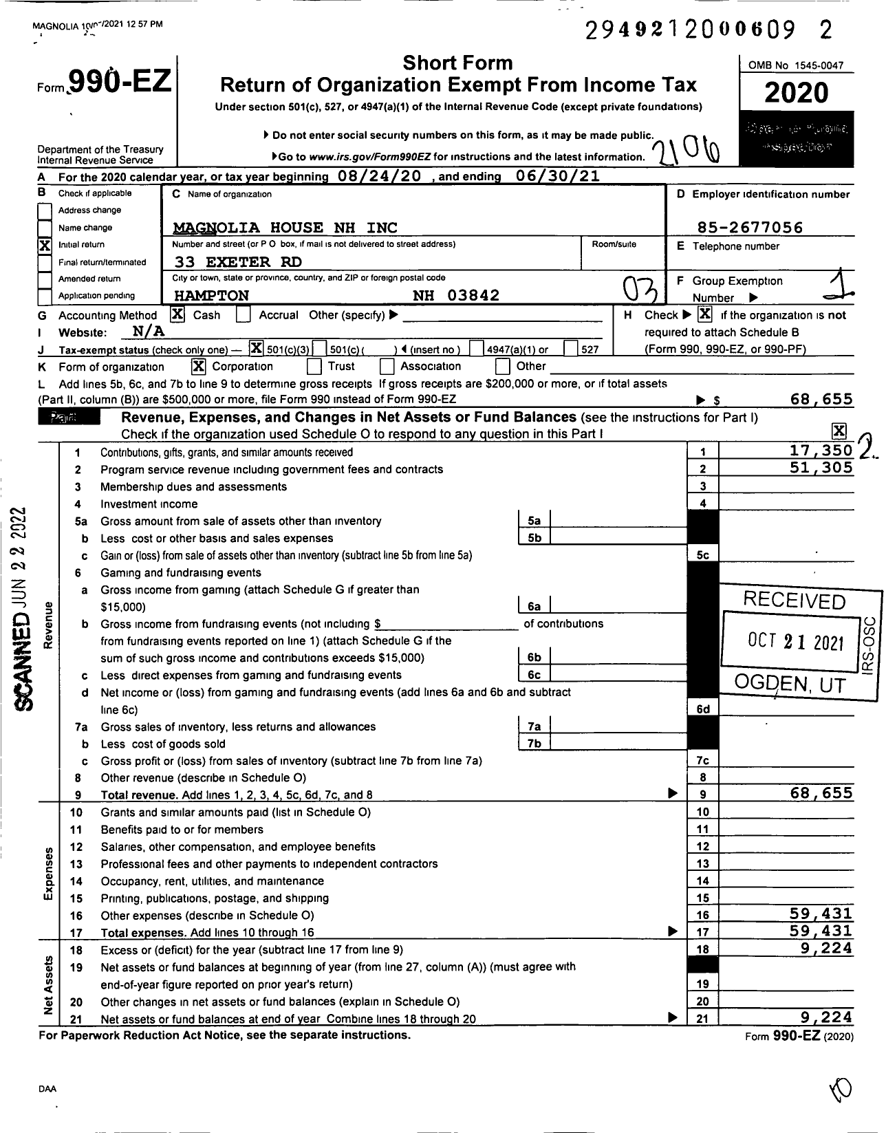 Image of first page of 2020 Form 990EZ for Magnolia House NH