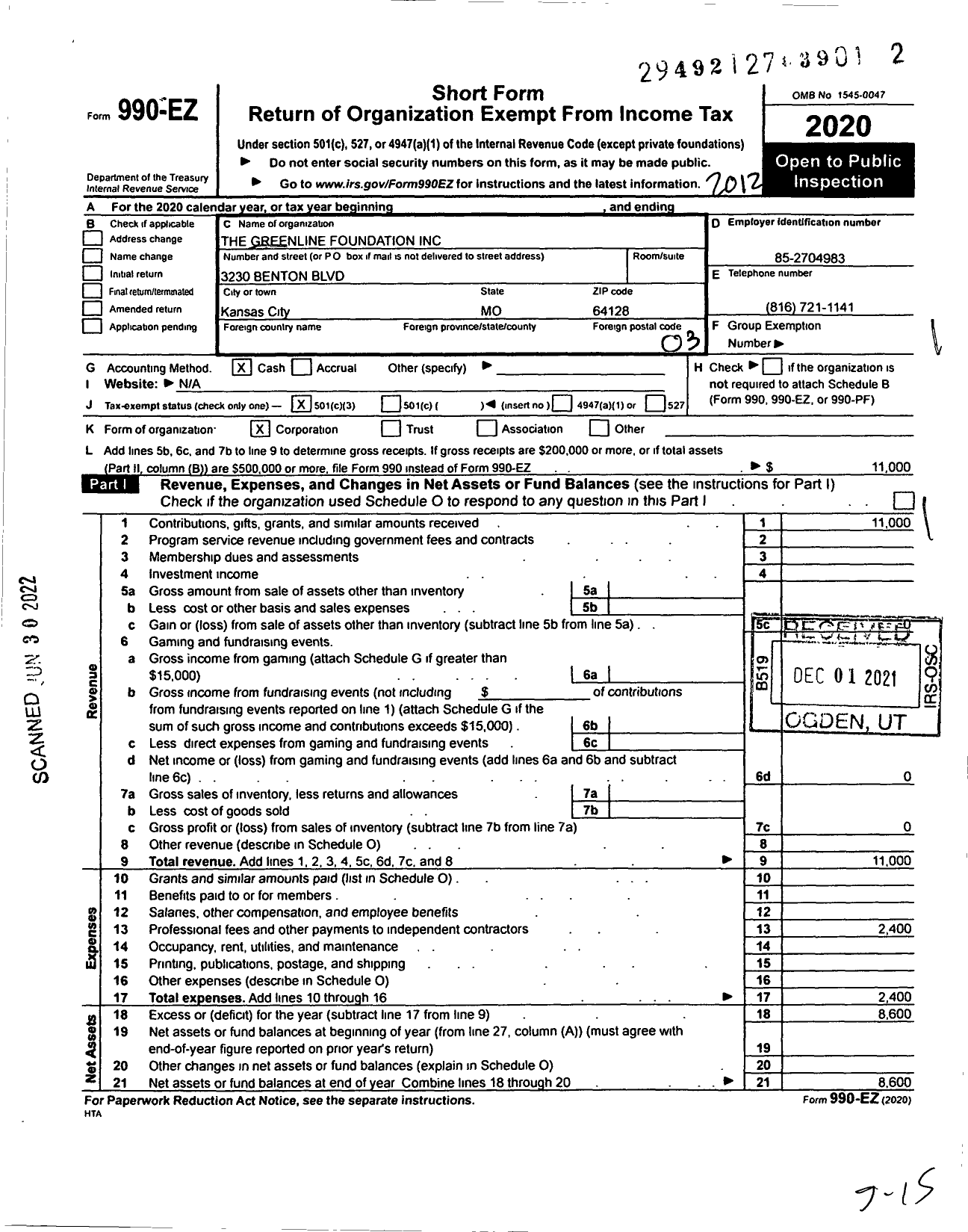 Image of first page of 2020 Form 990EZ for Greenline Foundation