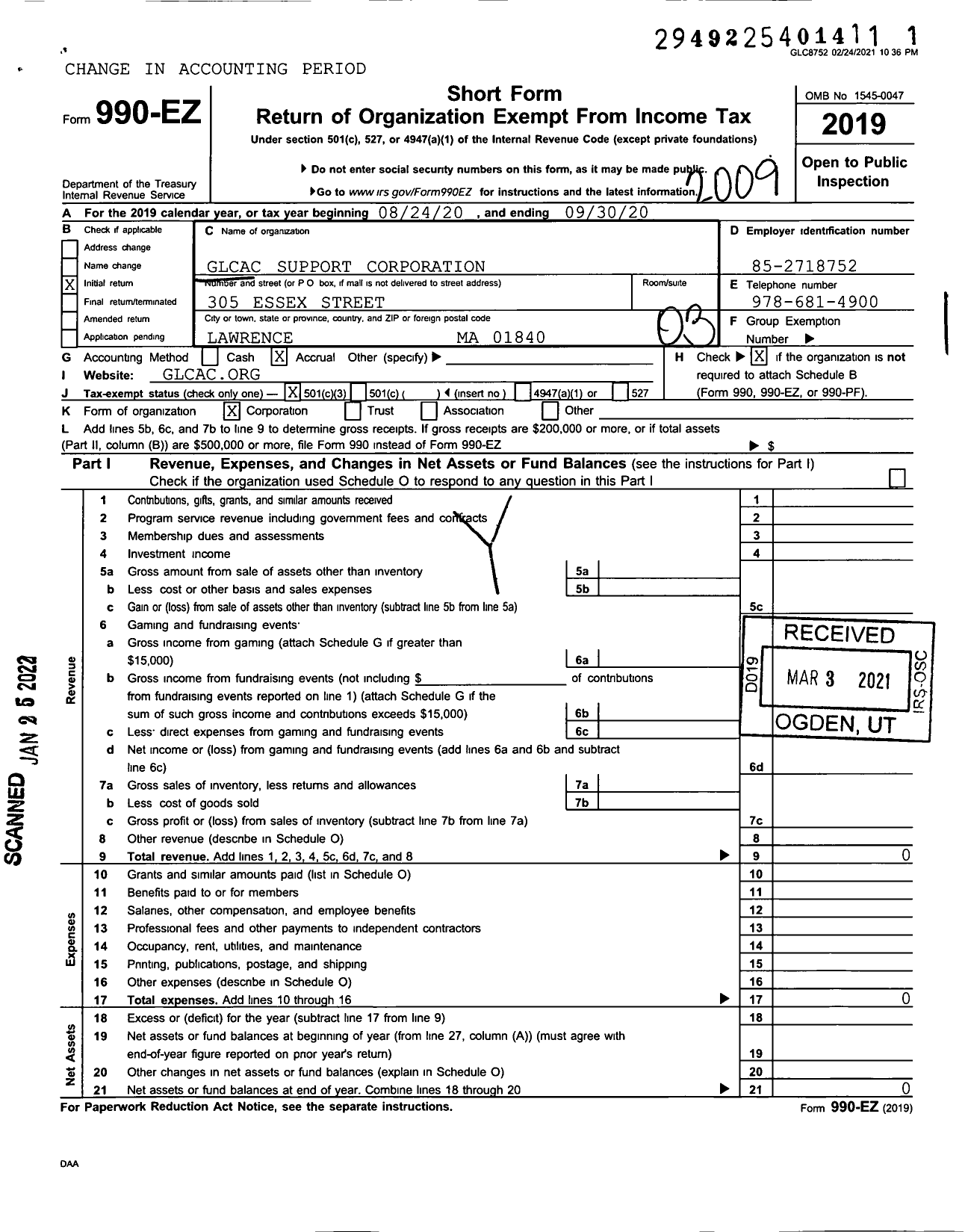 Image of first page of 2019 Form 990EZ for Glcac Support Corporation