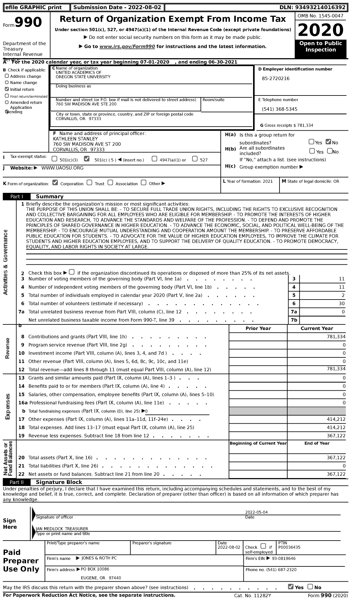 Image of first page of 2020 Form 990 for American Federation of Teachers - 09609 United Academics of Oregon St