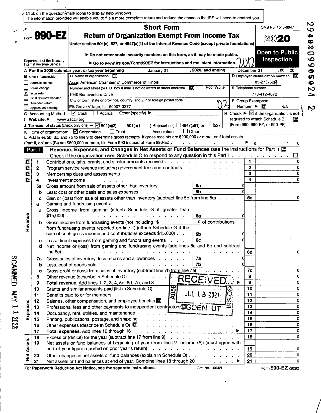 Image of first page of 2020 Form 990EZ for Asian American Chamber of Commerce of Illinois