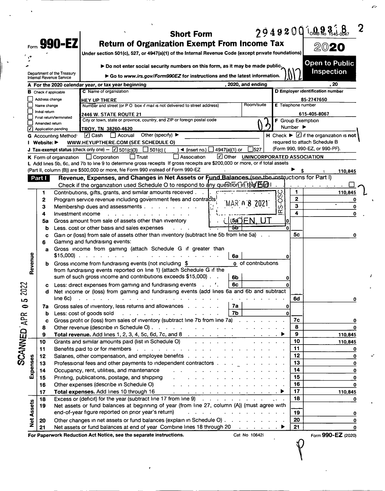 Image of first page of 2020 Form 990EZ for Hey Up There