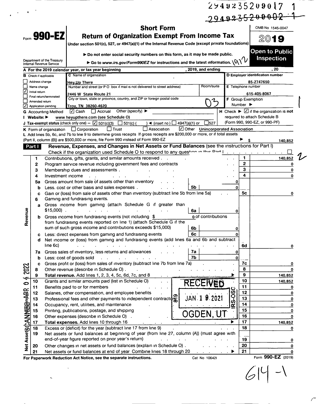 Image of first page of 2019 Form 990EZ for Hey Up There