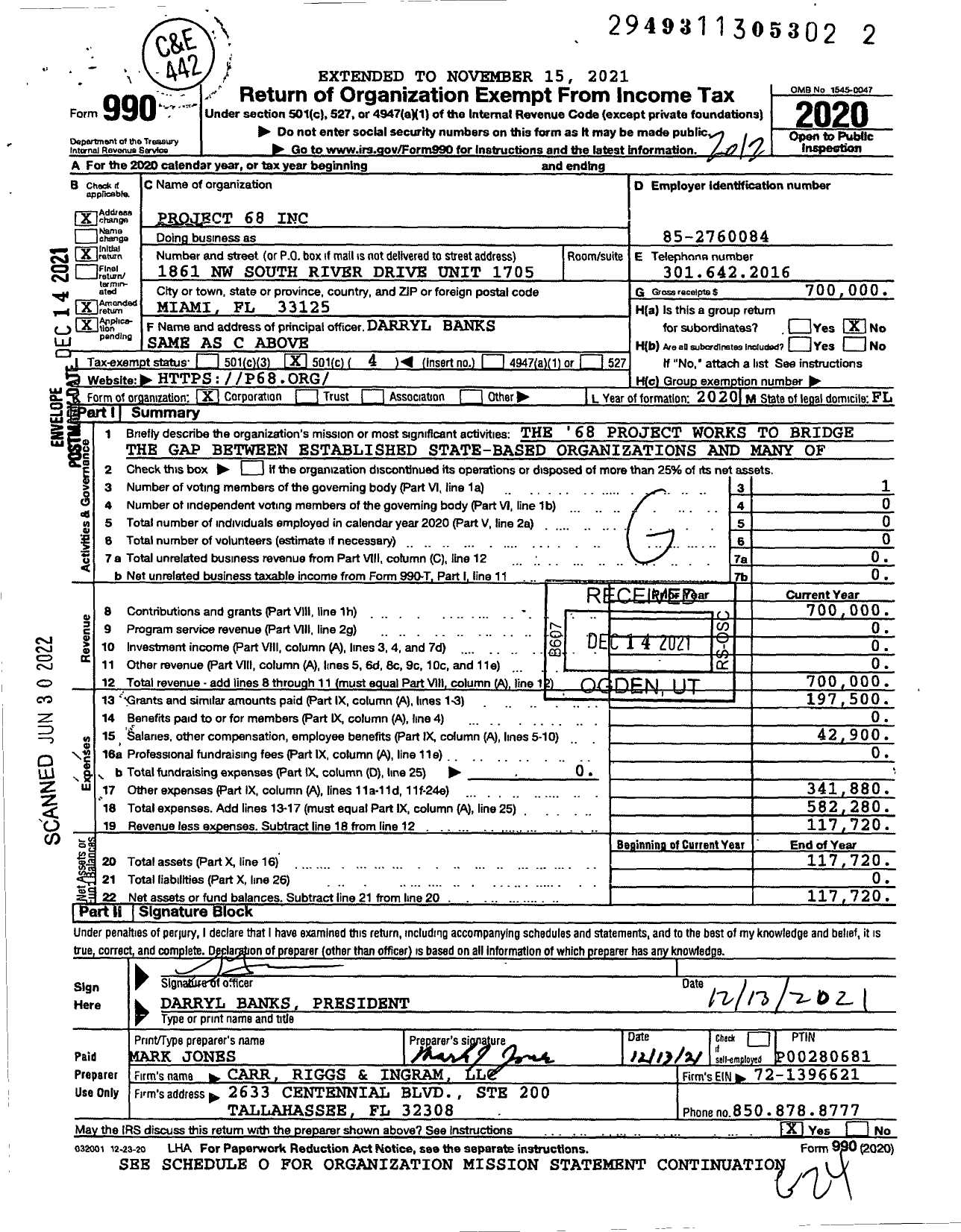 Image of first page of 2020 Form 990O for Project 68