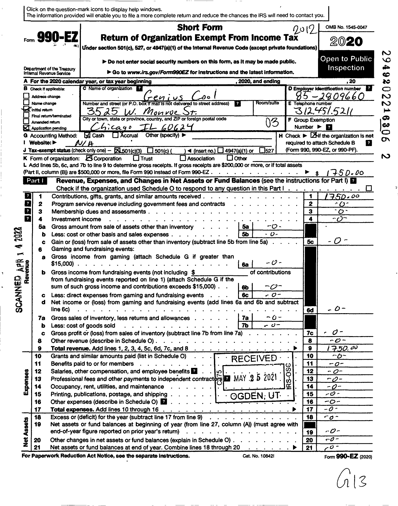 Image of first page of 2020 Form 990EZ for Genius Cool