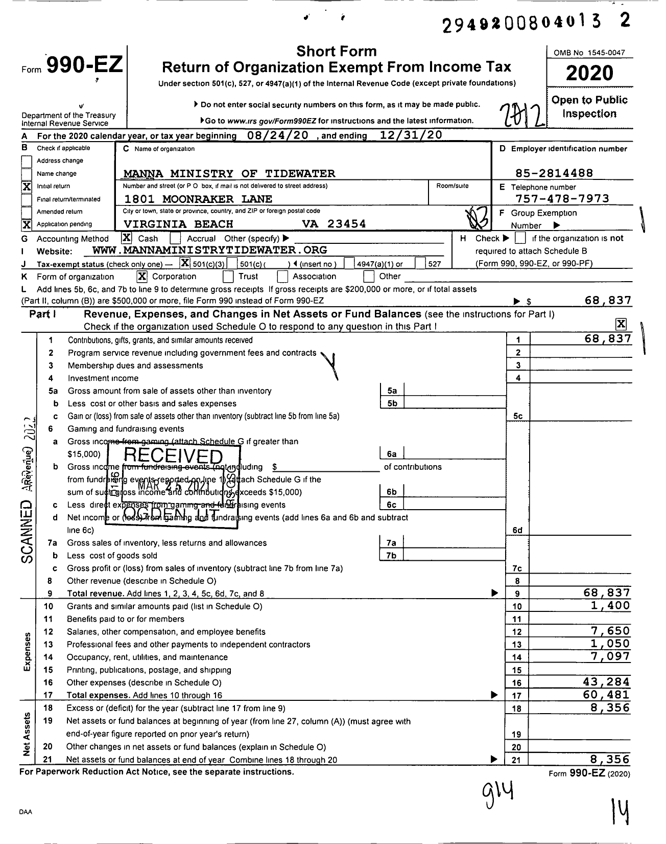 Image of first page of 2020 Form 990EZ for Manna Ministry of Tidewater