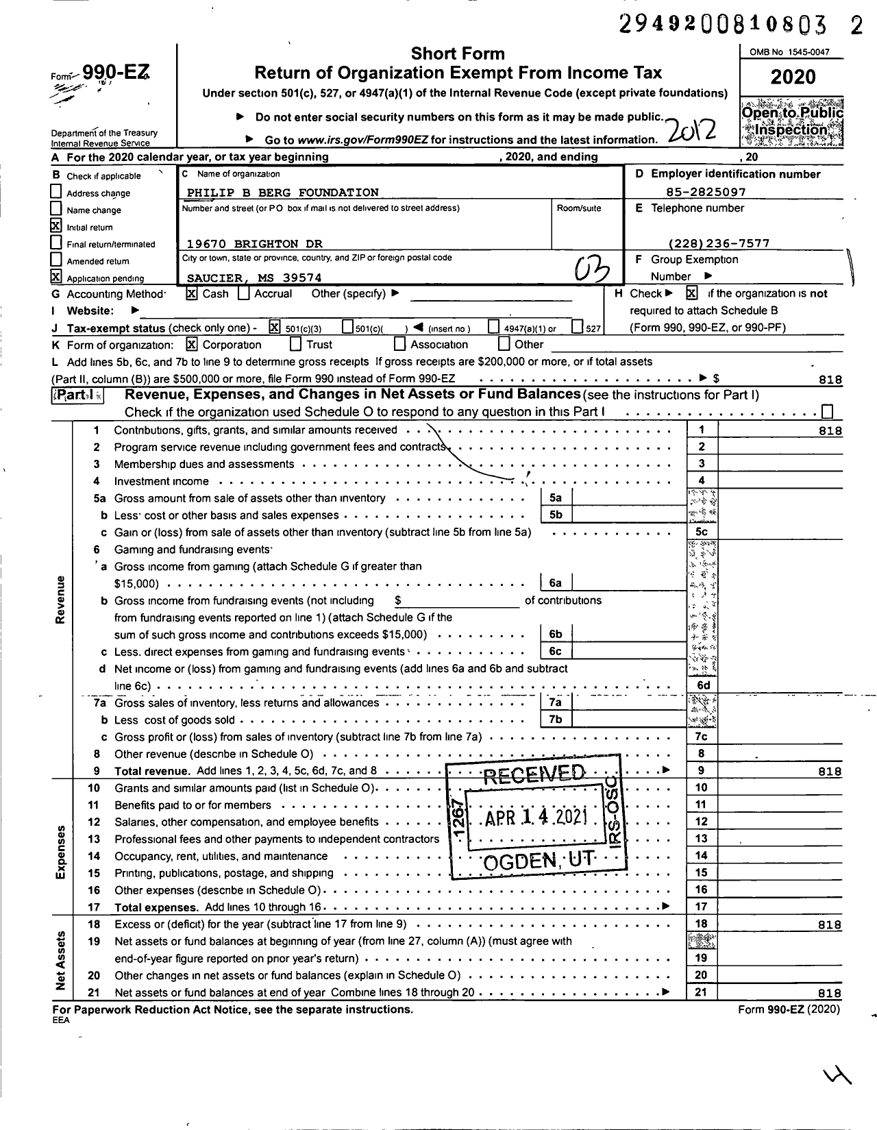 Image of first page of 2020 Form 990EZ for Philip B Berg Foundation
