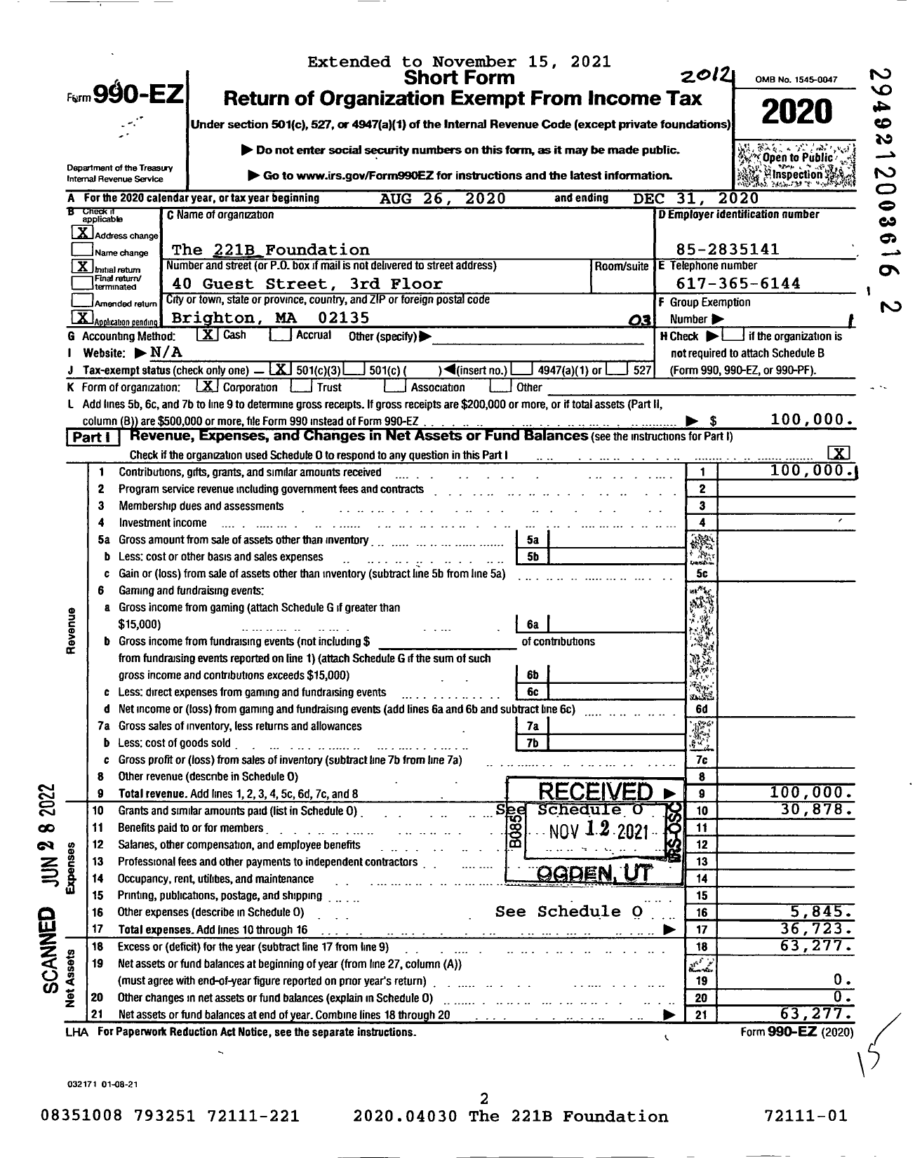 Image of first page of 2020 Form 990EZ for The 221B Foundation