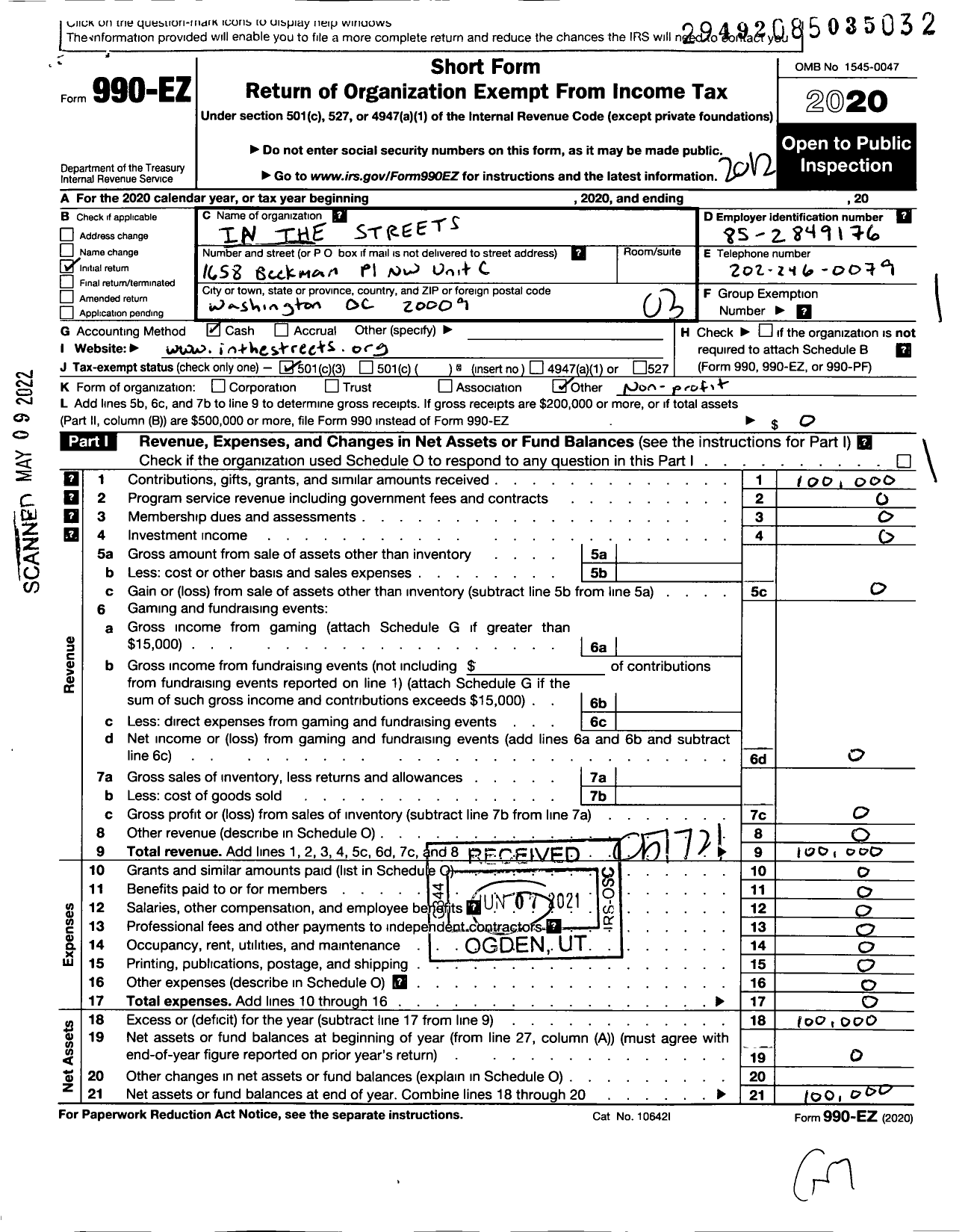 Image of first page of 2020 Form 990EZ for In The Streets