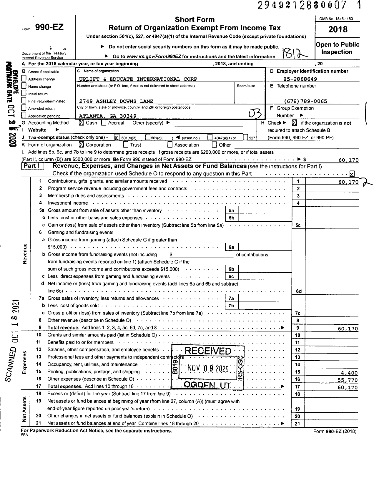 Image of first page of 2018 Form 990EZ for Uplift and Educate International Corporation