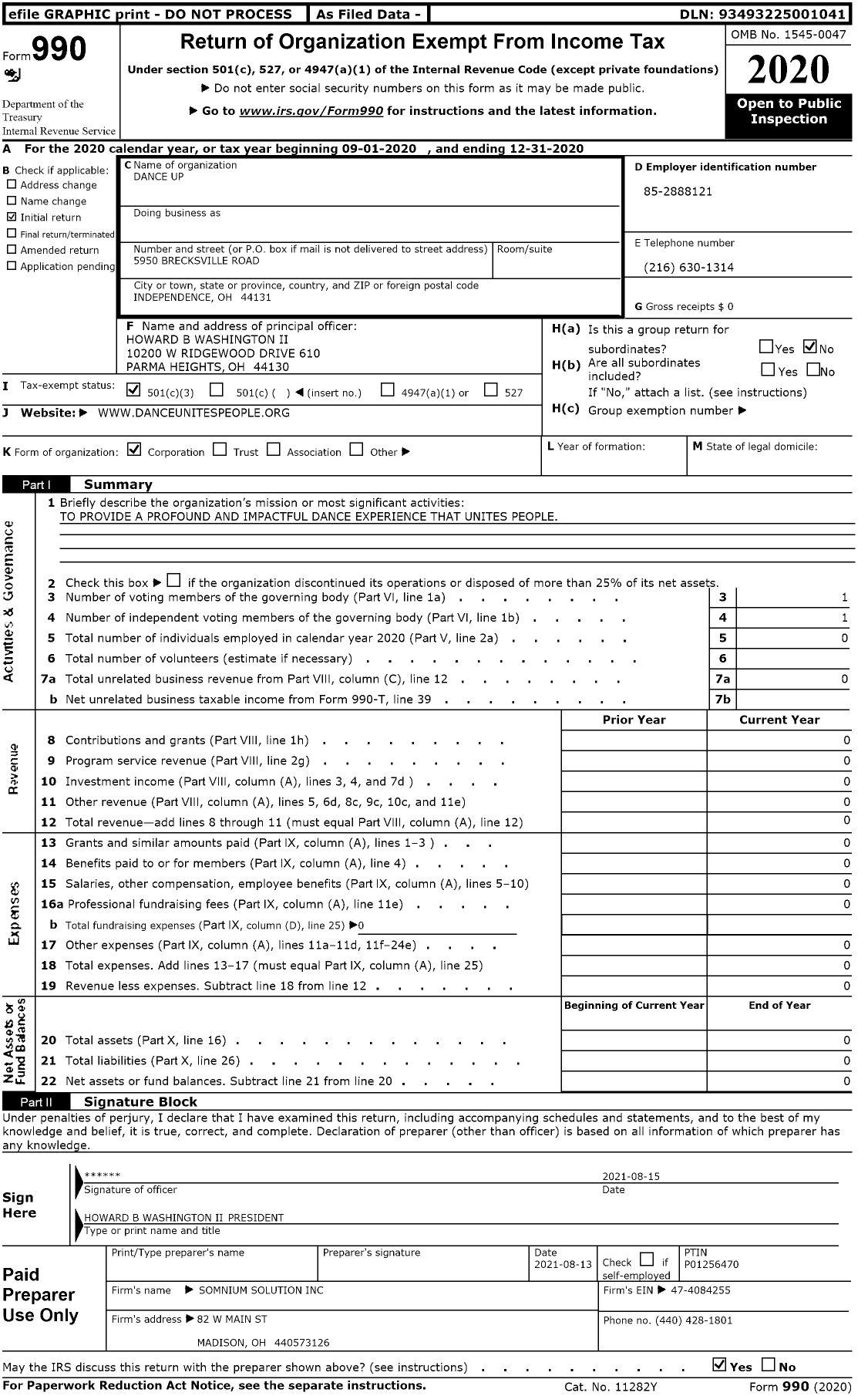 Image of first page of 2020 Form 990 for Dance Up