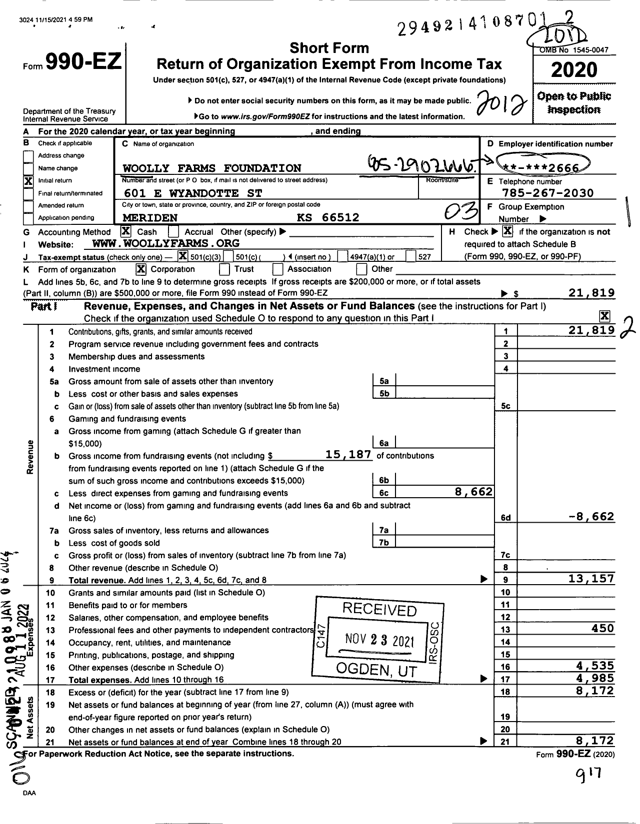 Image of first page of 2020 Form 990EZ for Woolly Farms Foundation