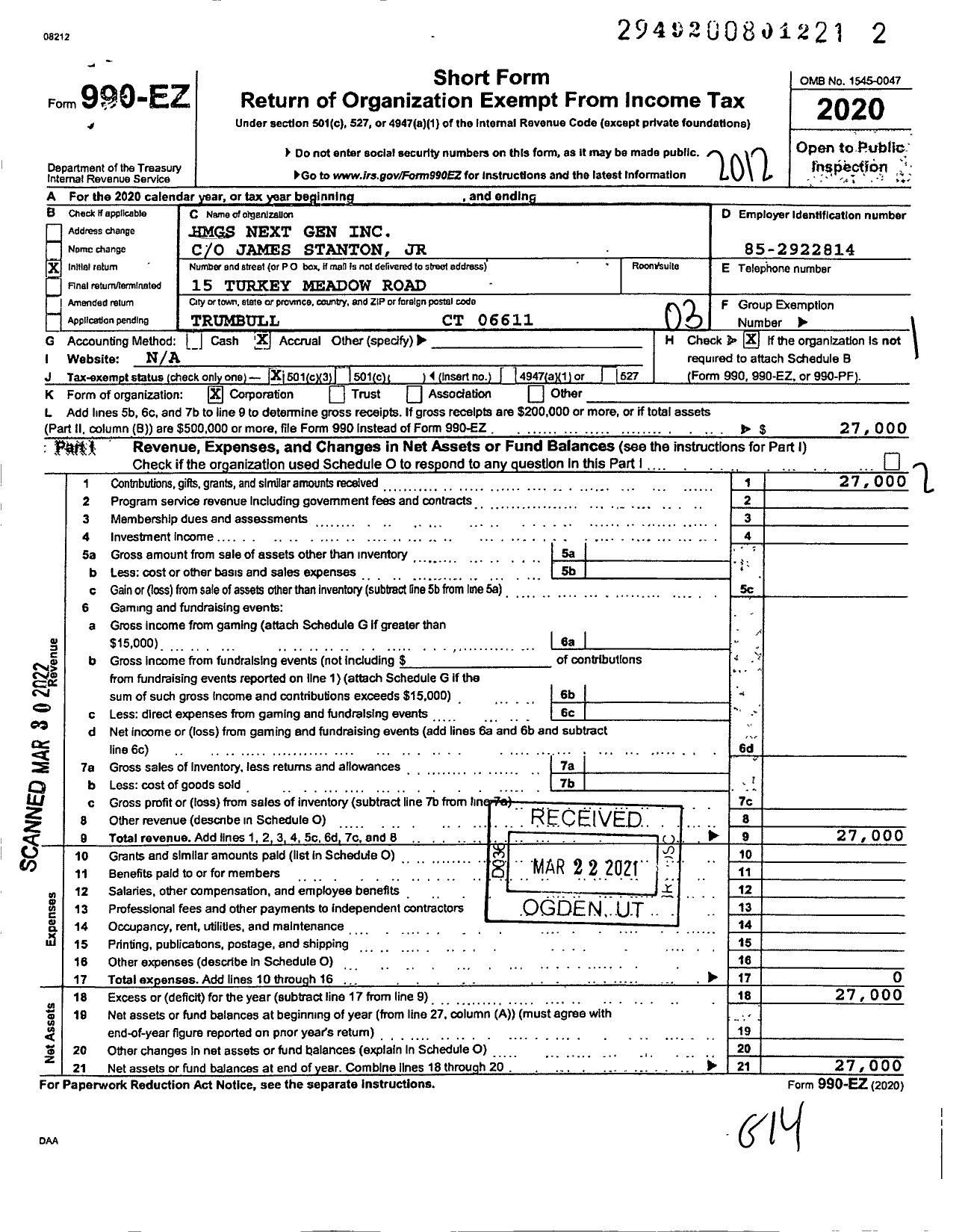 Image of first page of 2020 Form 990EZ for HMGS Next Gen