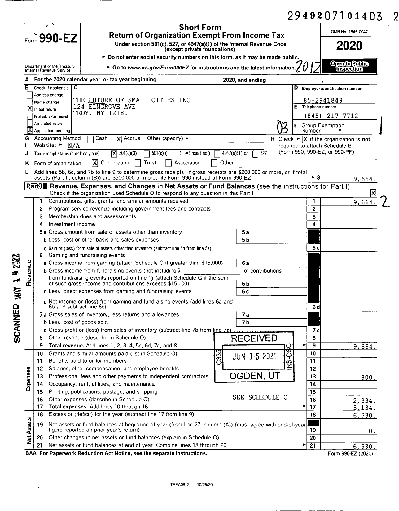 Image of first page of 2020 Form 990EZ for Future of Small Cities