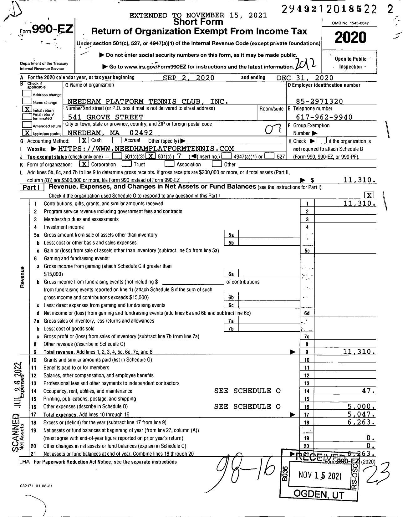 Image of first page of 2020 Form 990EO for Needham Platform Tennis Club