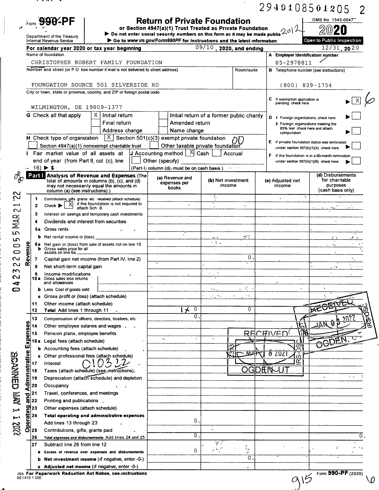 Image of first page of 2020 Form 990PF for Christopher Robert Family Foundation