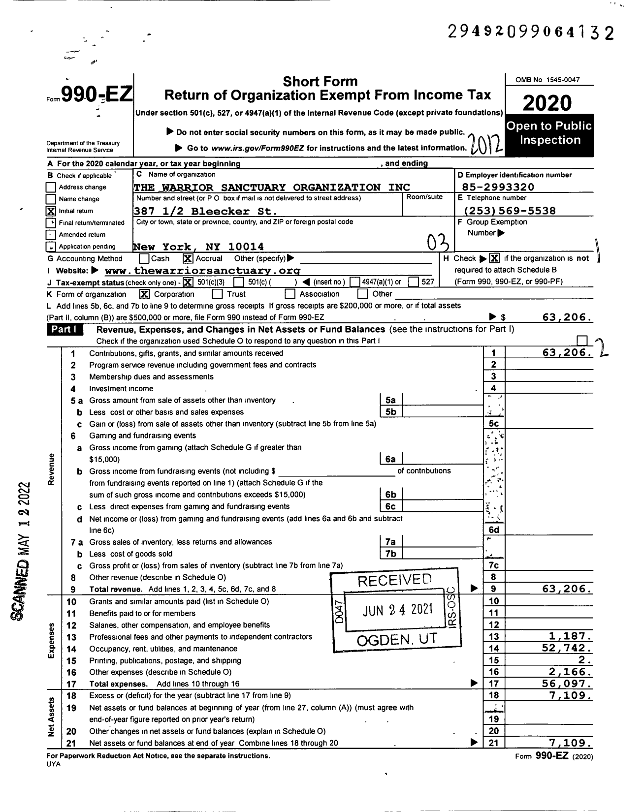 Image of first page of 2020 Form 990EZ for The Warrior Sanctuary Organization